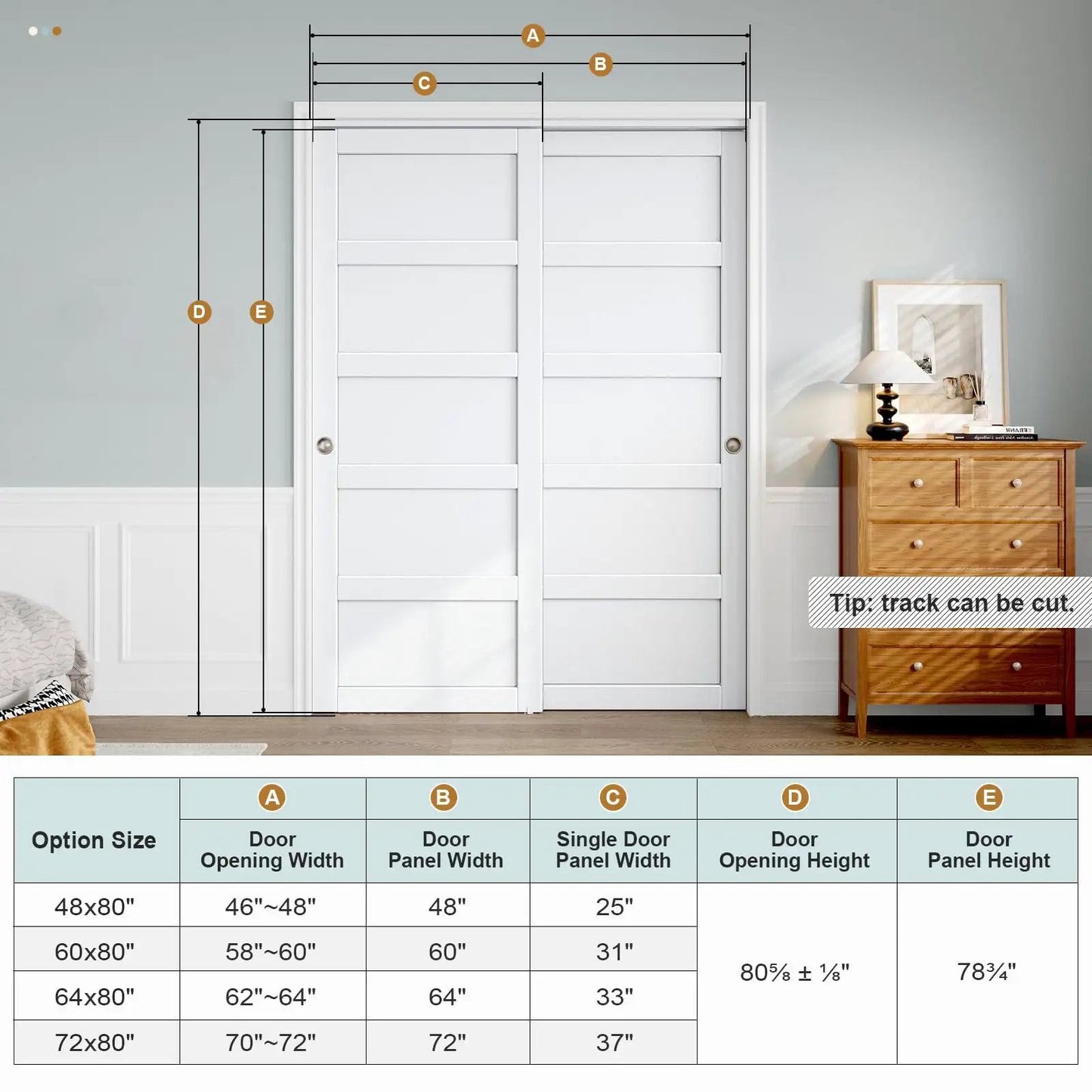 Sliding Closet Door 72x80 Inches, 5-Panel Bypass Barn Doors With Hardware Track Kit, White Finish, installed in bedroom.