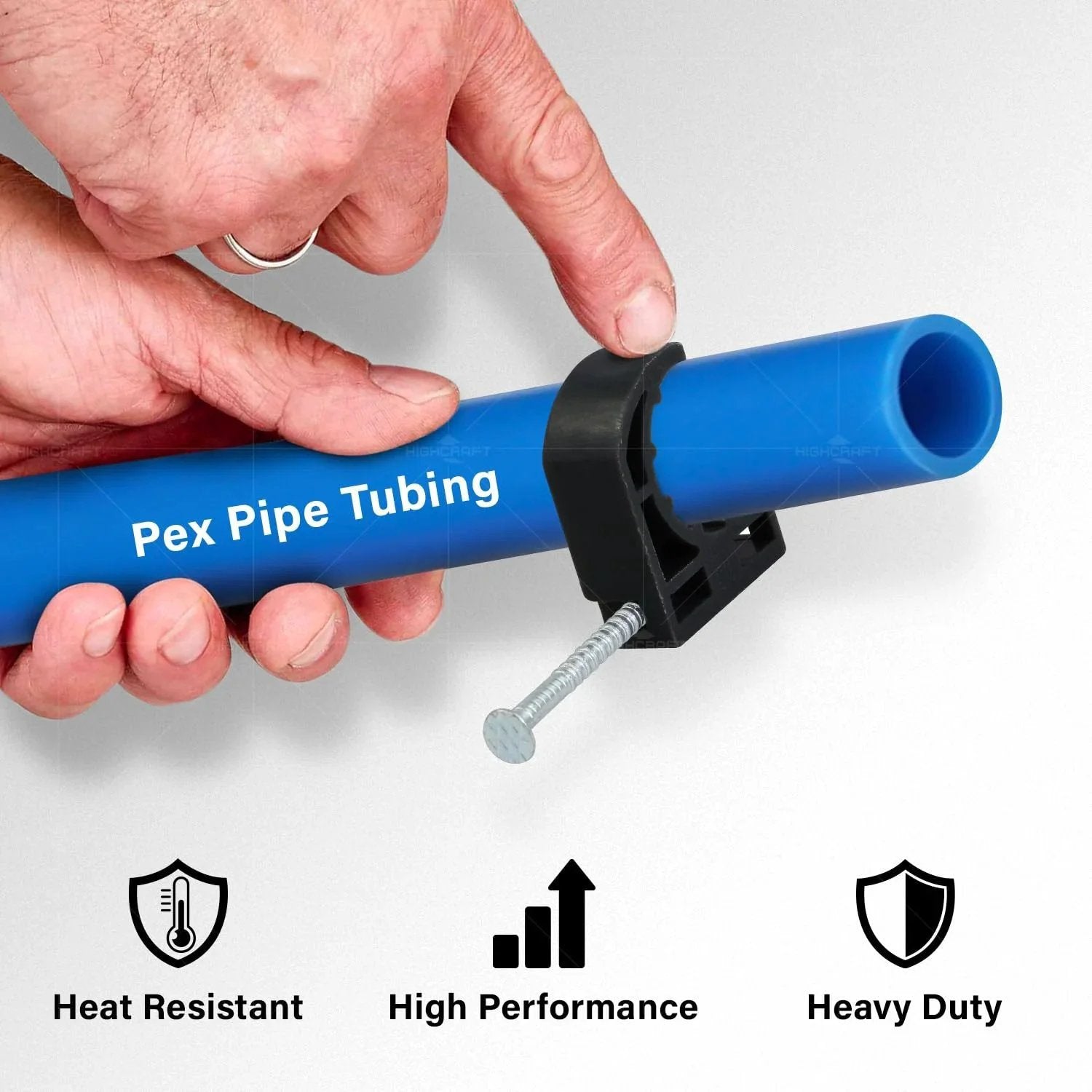 Half Clamp With Nail For PEX Tubing Support One Half Inch Black Durable Plastic securing blue PEX tubing