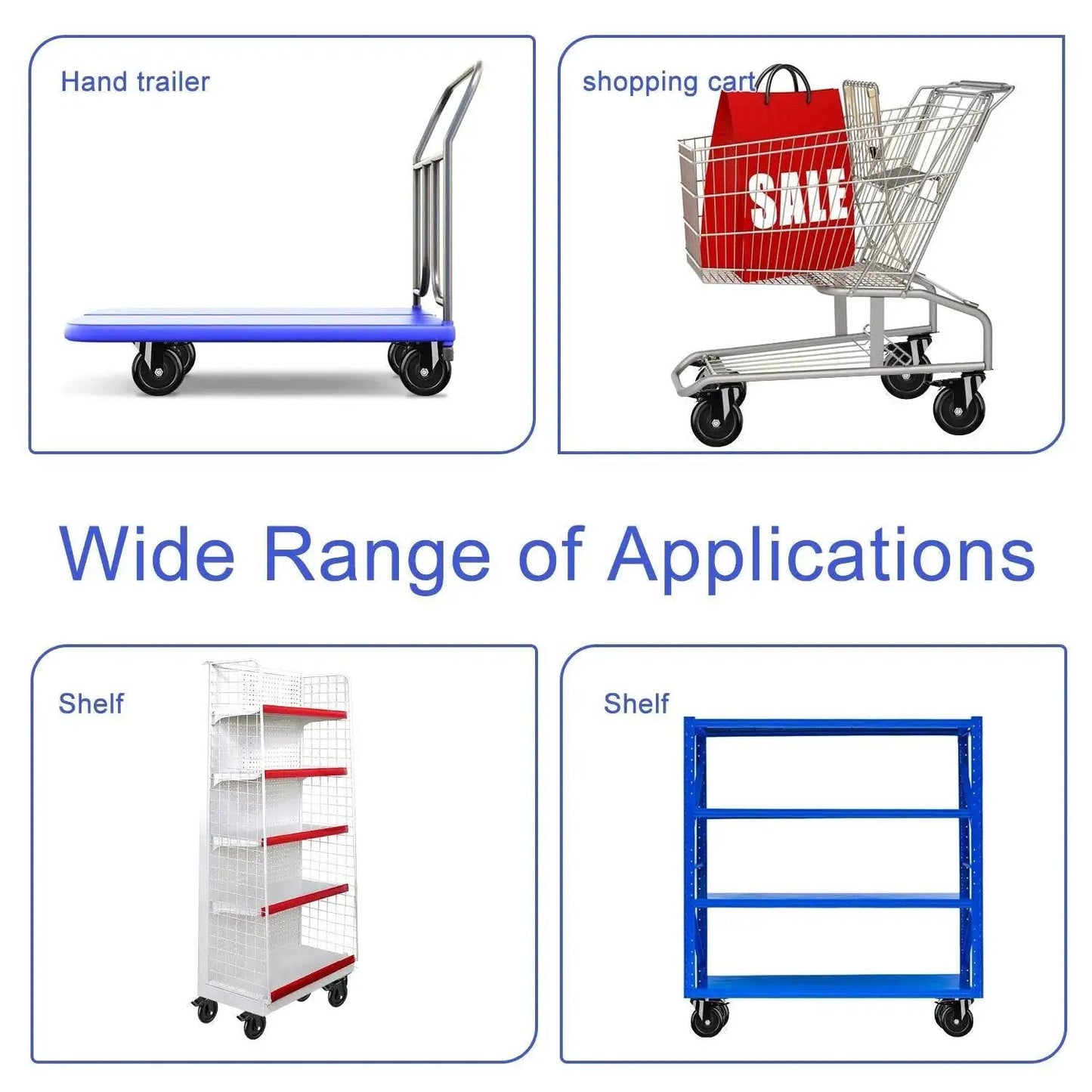 Applications of 5 Inch Heavy Duty Caster Wheels No Noise Swivel Plate Casters With Brake Lock for carts, trailers, shelves on various surfaces.