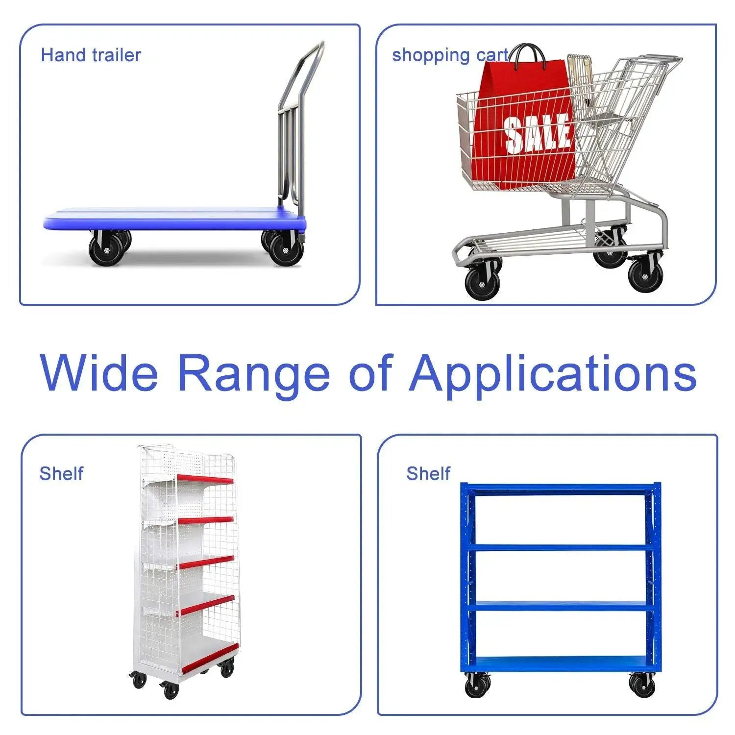 Applications of 5 Inch Heavy Duty Caster Wheels No Noise Swivel Plate Casters With Brake Lock for carts, trailers, shelves on various surfaces.