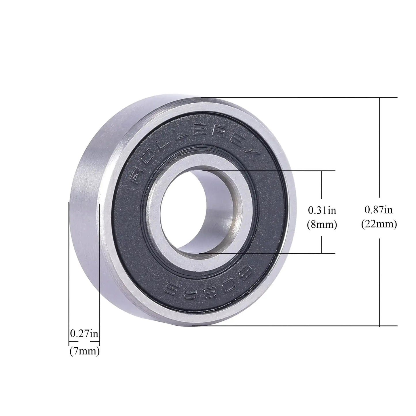 608-2RS Pre Lubricated Skate Wheel Bearings 20 Pack For Roller Skates Inline Skates Roller Blades Scooters RipStiks And Skateboards ABEC 5 Chrome Steel Or ABEC 1 Carbon Steel By Rollerex Atlas For Smooth Quiet Rides And Easy Install, showing dimensions of 8mm inner and 22mm outer diameter