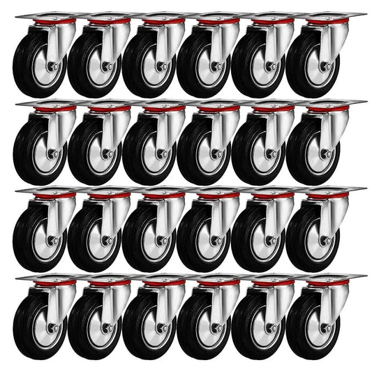 24 Pack Three Inch Swivel Caster Wheels With Rubber Base And Top Plate Double Ball Bearing Heavy Duty Ideal For Carts And Equipment Load Capacity Over 250 Lbs Per Caster With Durable Rubber Wheel For Easy Maneuverability On Wood And Concrete Surfaces