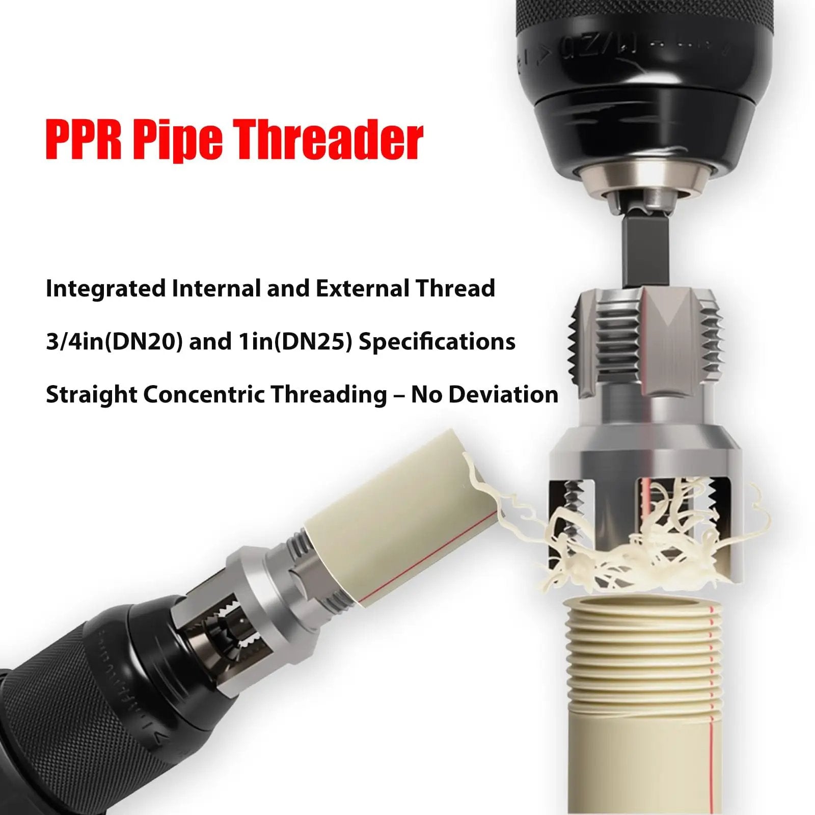 Pro Grade PPR Pipe Threading and Reaming Tool Kit showing electric drill style threader and reaming bit on PVC pipe.