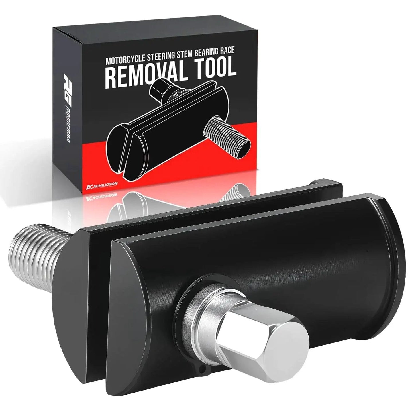 Universal Motorcycle Steering Stem Bearing Race Removal Tool for 1-1/8 to 2-5/8 Inch ID Races, close-up view with box
