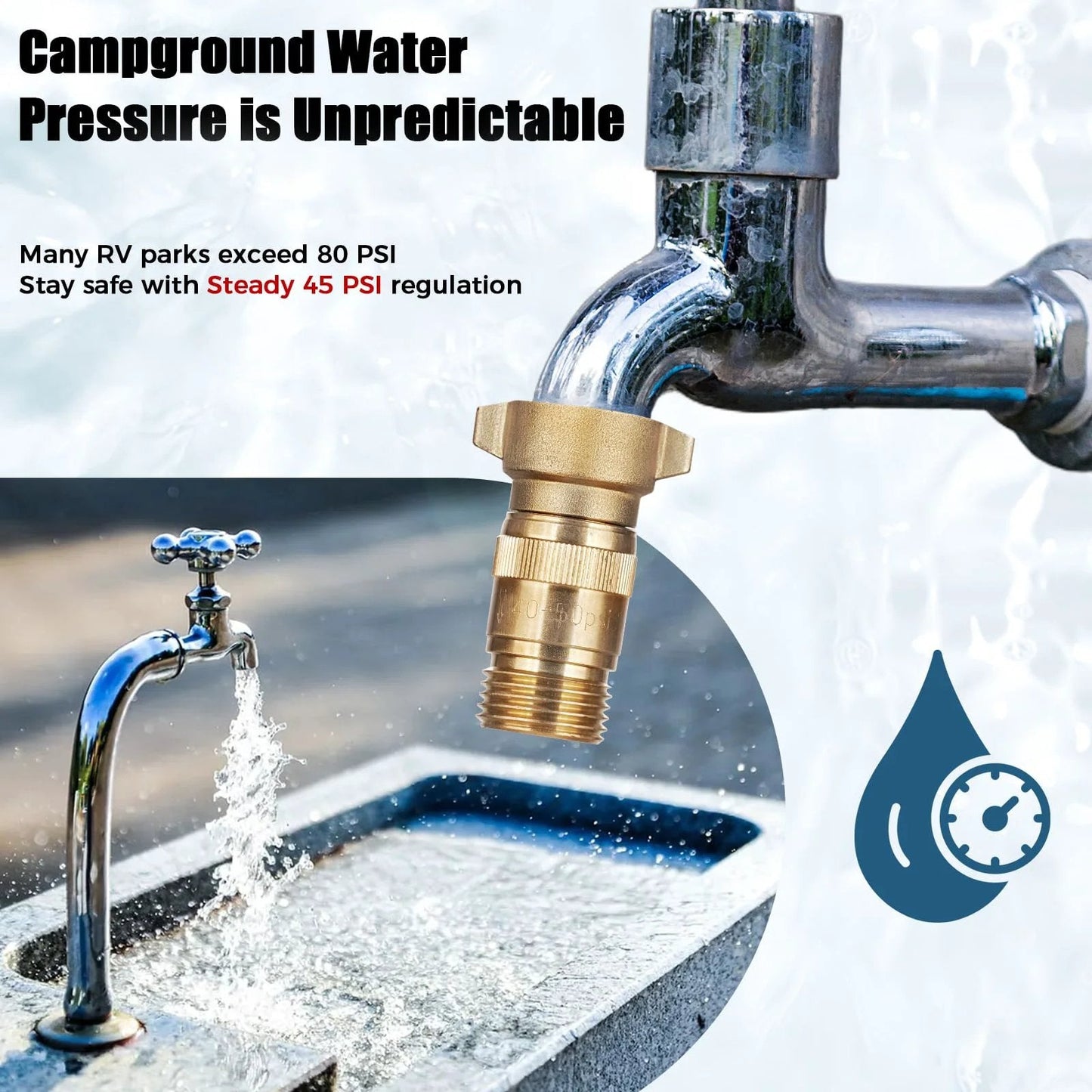 RV Water Pressure Regulator High Flow 40 To 50 PSI With Filter Brass Lead Free And Pre Set Reducer For RV Camper Trailer And Garden Hose Fits Three Quarter Inch Garden Hose Thread SheeChung attached to faucet.
