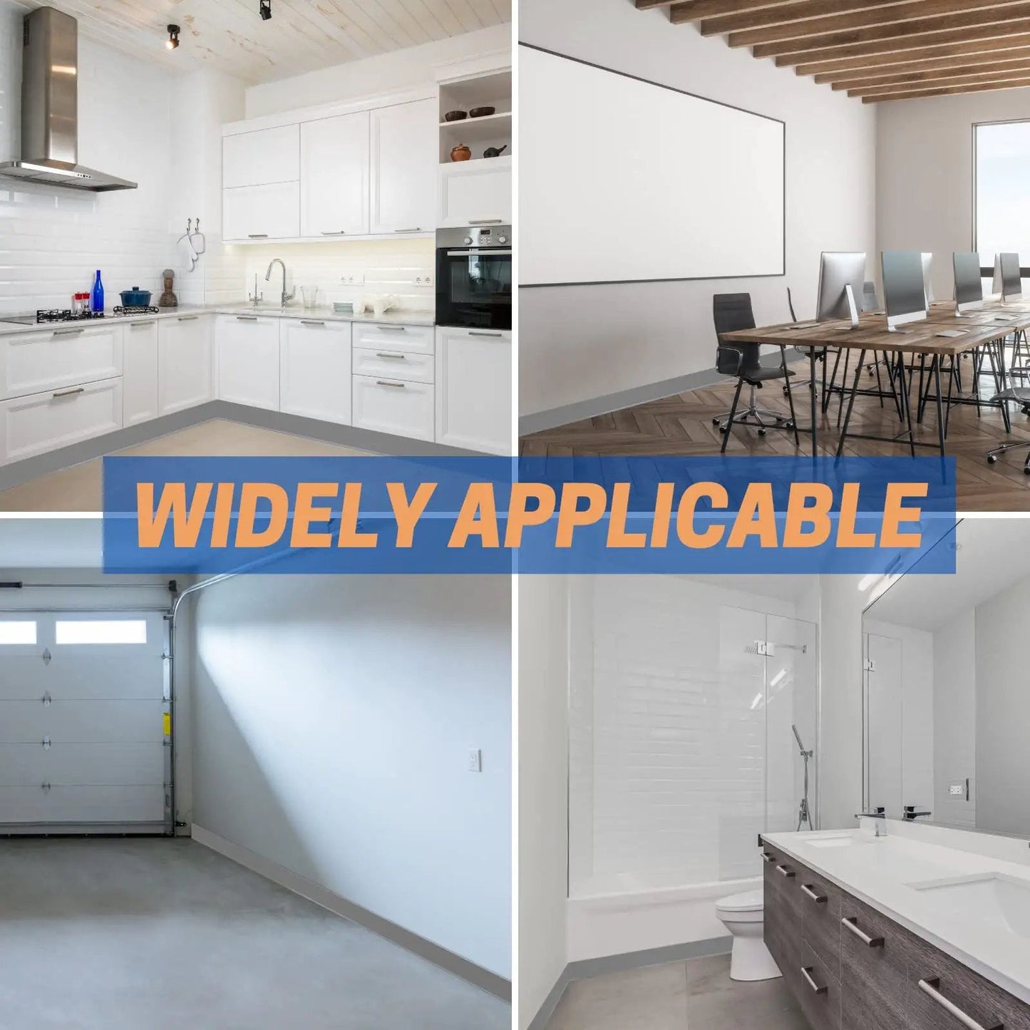 Flexible Baseboard Molding Trim 4 Inch By 20 Feet Self Adhesive Vinyl Wall Base Cove Base Peel And Stick Gray S100 installed in kitchen, office, garage, and bathroom.