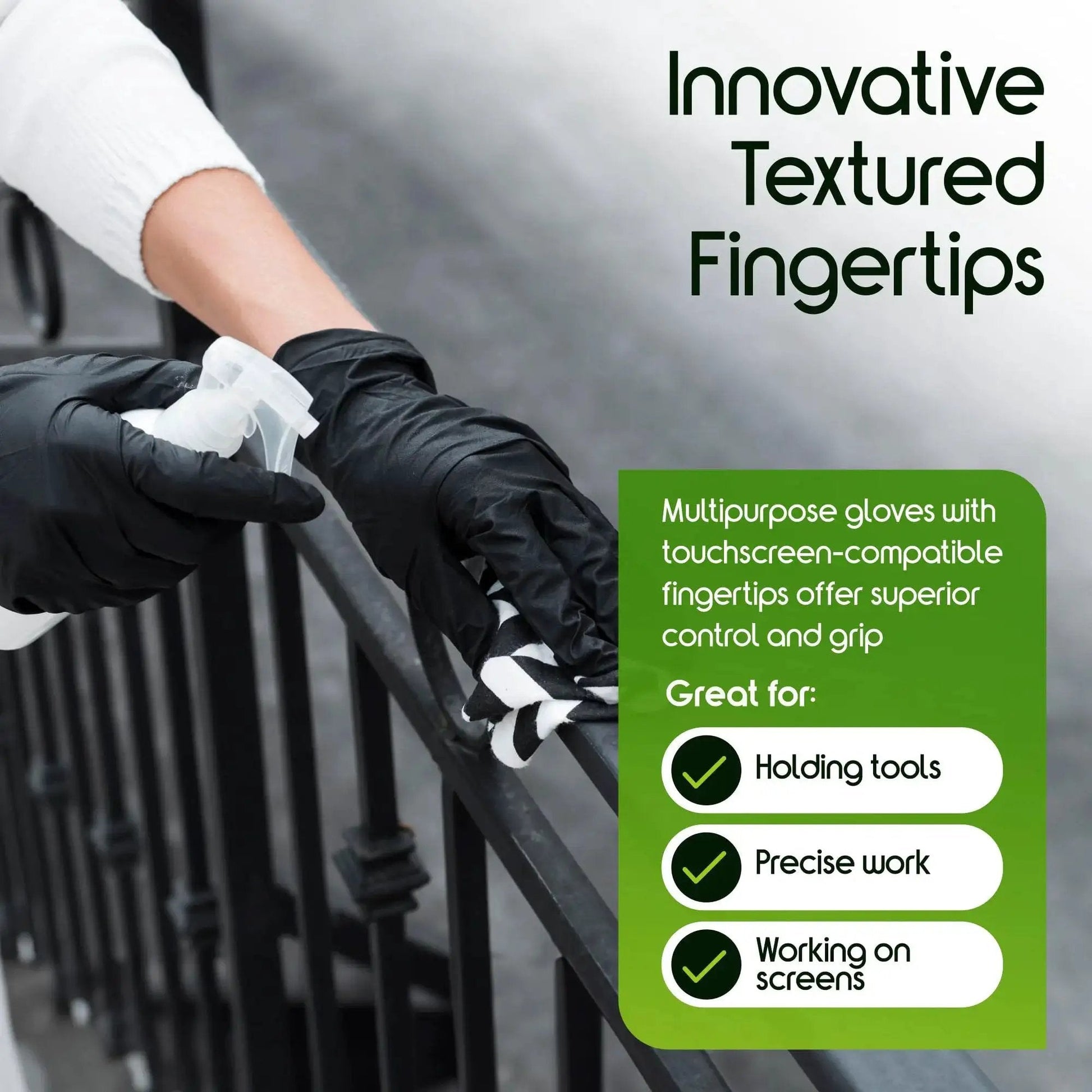 Person wearing Heavy Duty 6 Mil Black Nitrile Gloves Latex Free For Industrial Food Tattoo holding spray bottle and wiping railing.