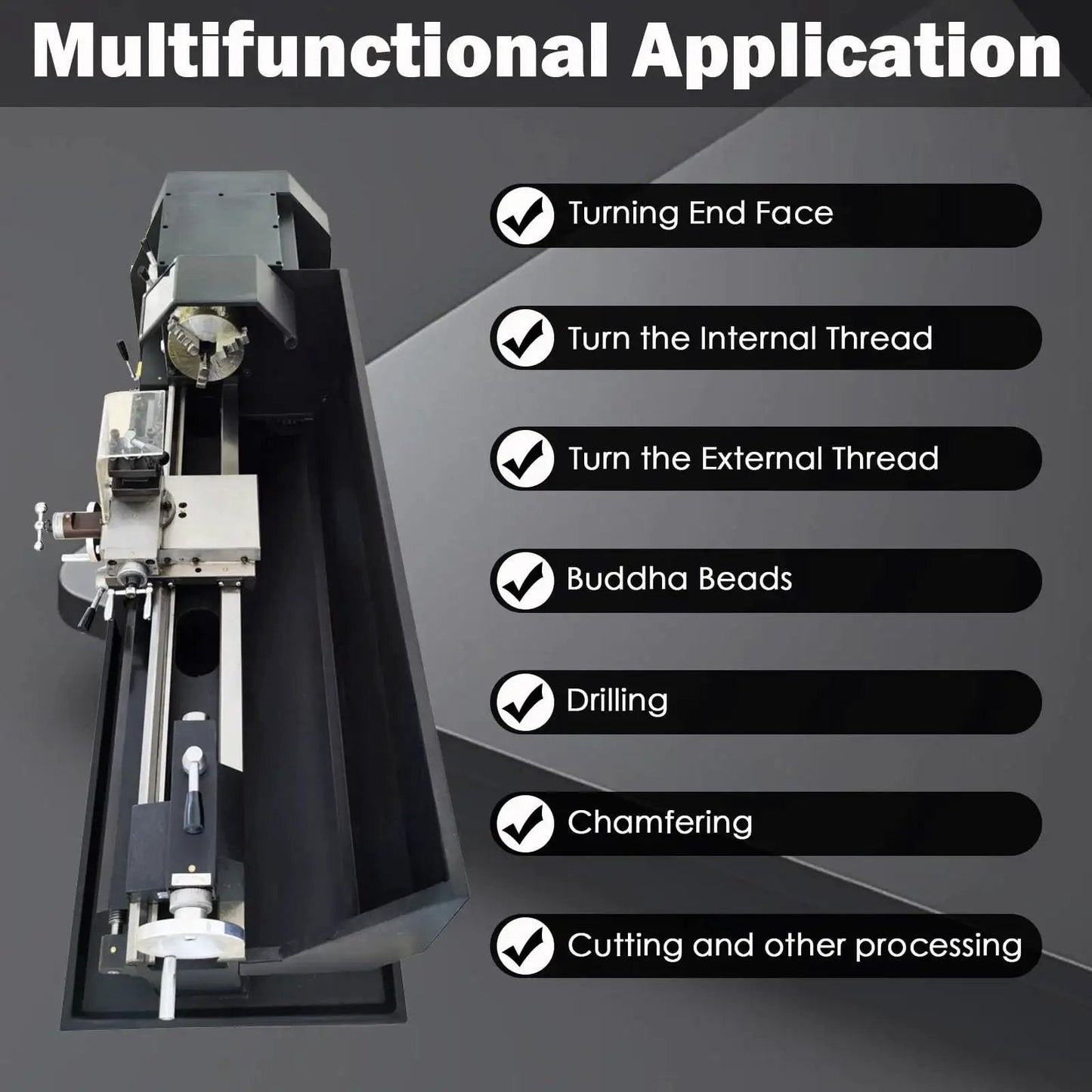 Industrial Metal Lathe Machine For Home Shop And Workshop with multifunctional applications and features display.