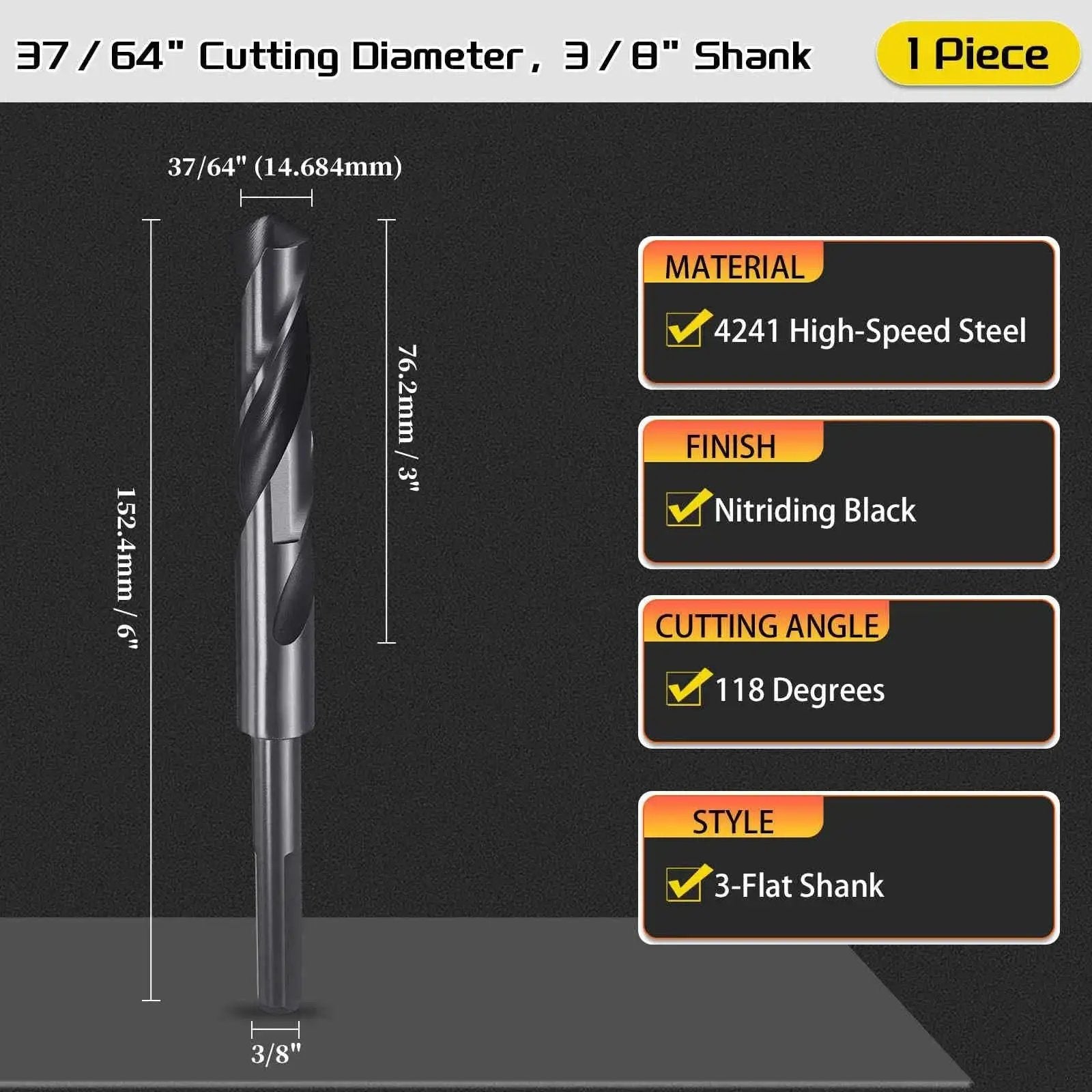 High Performance 37/64 Inch Drill Bit For Plastic And Wood, Three Eighths Inch Reduced Shank, 3 Flat Ground, 4341 HSS Nitriding Black