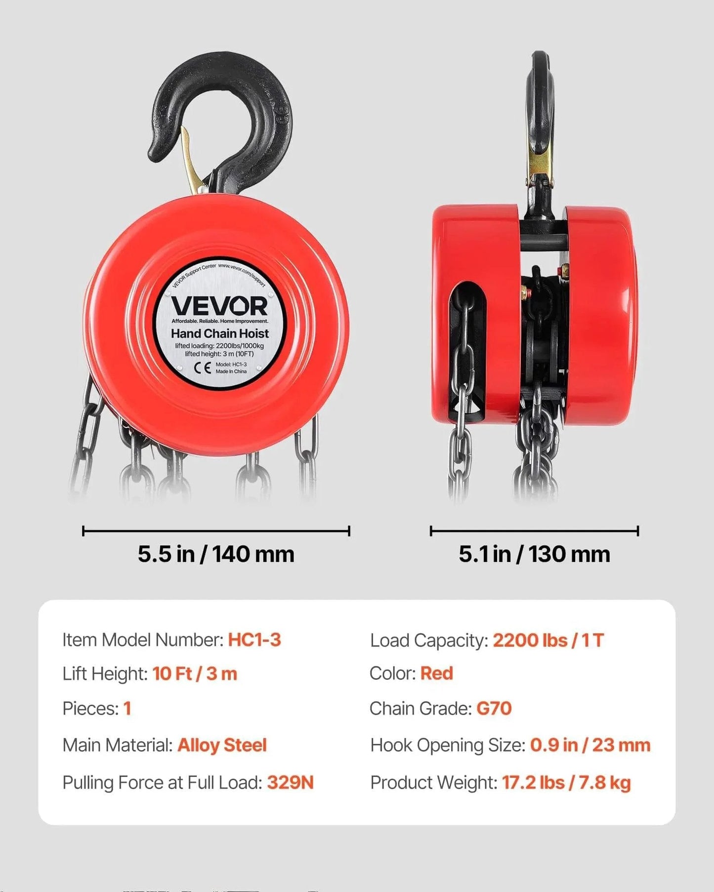 1 Ton Hand Chain Hoist With 10 Ft Lift Height And Galvanized G70 Chain, Heavy Duty Pulley For Garage And Warehouse, front and side view