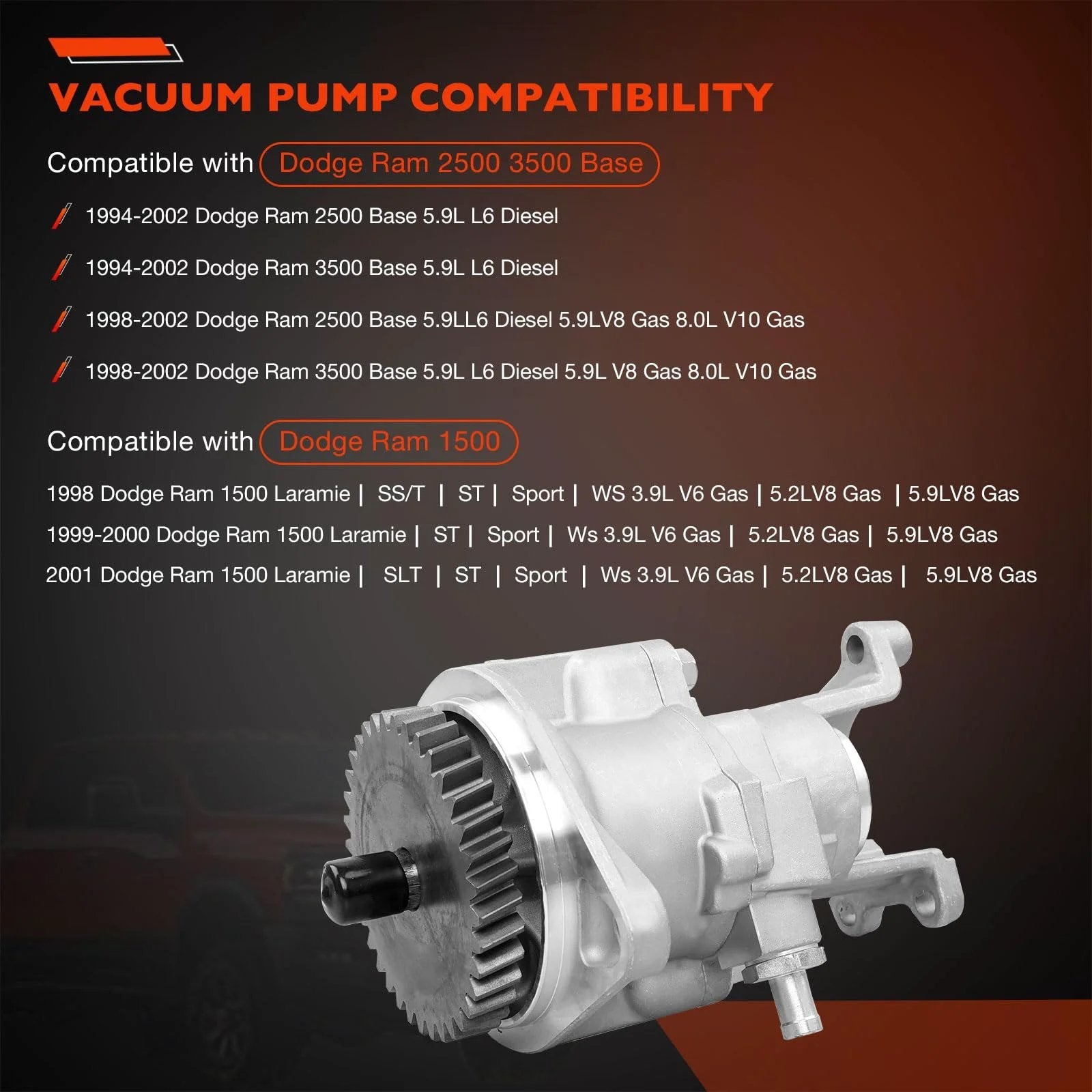 Beefy Gear Driven Mechanical Vacuum Pump 904-810 For Dodge Ram 2500 And 3500 5.9L Cummins Diesel Fits 1994-2002 Trucks