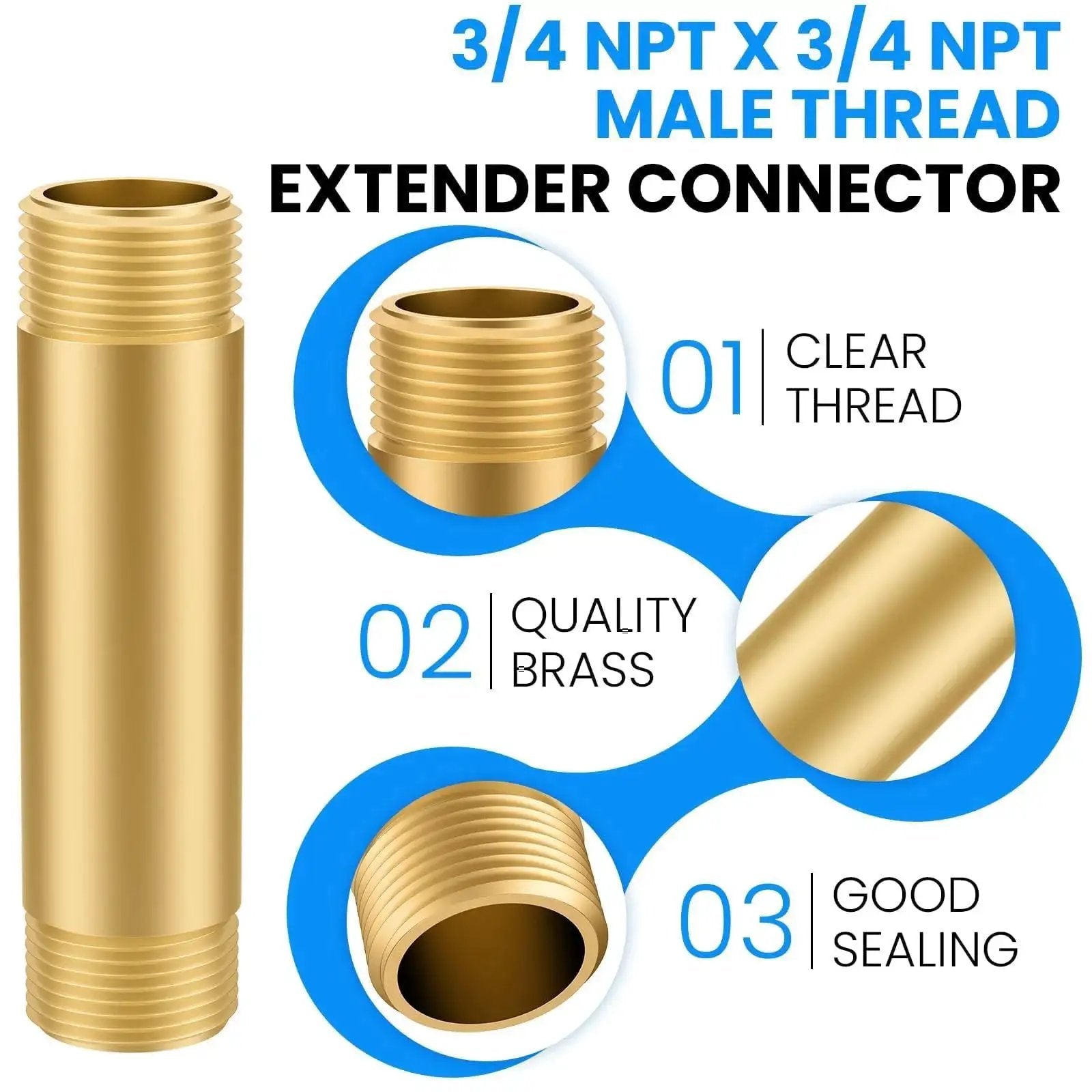 Long Brass Pipe Fitting Nipple Three Quarter NPT Male to Three Quarter NPT Male Four Inch Straight Extender Connector For Fuel Air Water Boat Gas Oil Heavy Duty Cast Nipple Made For Marine Automotive DIY Plumbing, showing clear thread, quality brass, good sealing.