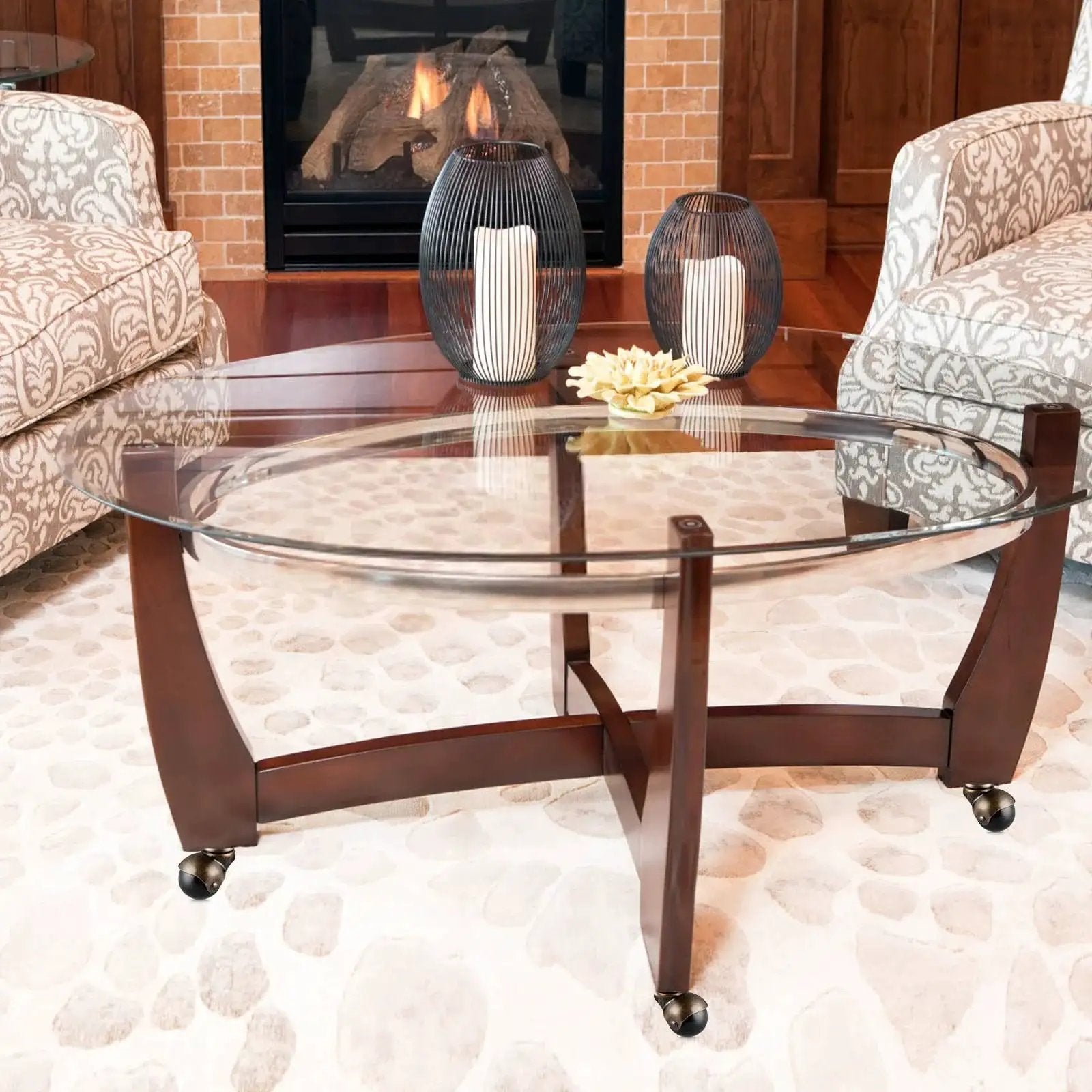 Glass coffee table on 2 Inch Ball Caster With Grip Neck Stem And Brake Sockets For Furniture Set Of Four Vintage Swivel Caster Wheels