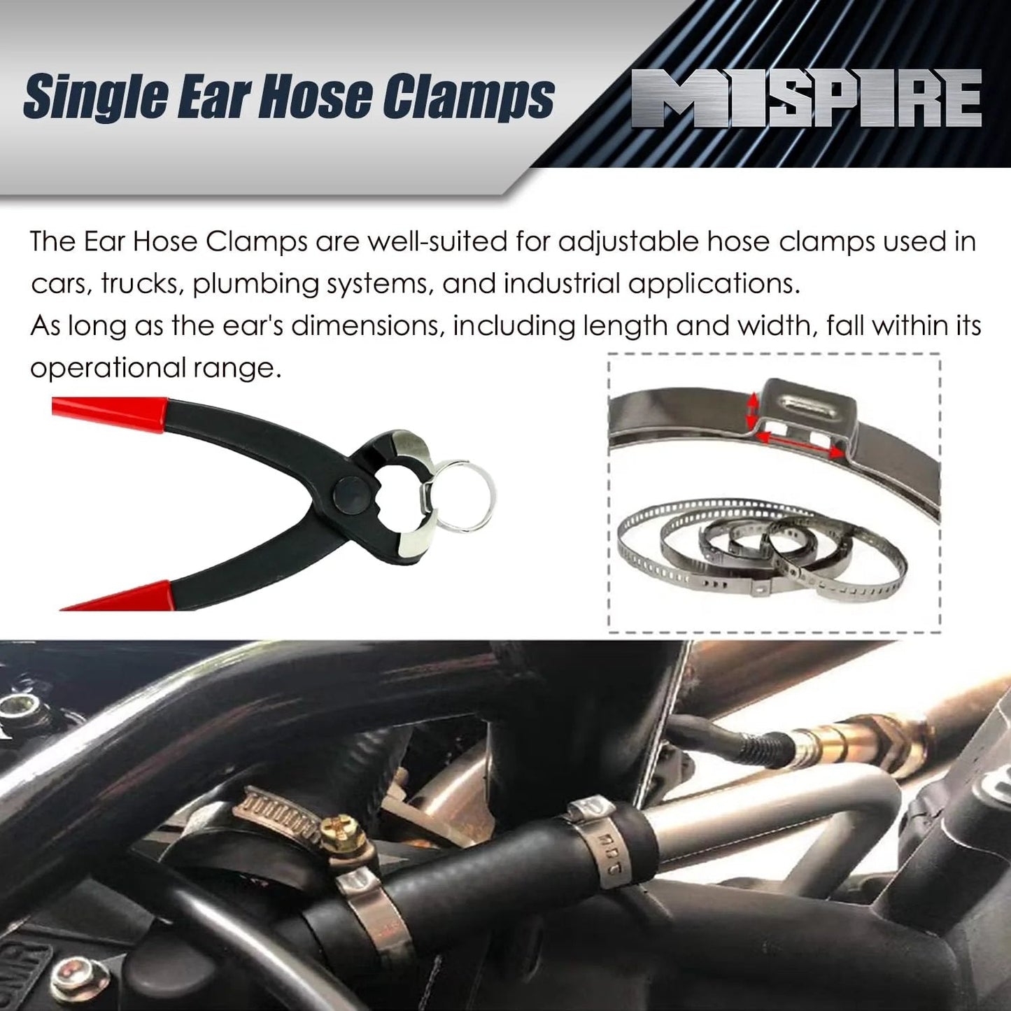 Heavy Duty 10.3-11.8mm Single Ear Crimp Hose Clamps Set, 100-Pack, 304 Stainless Steel, Stepless Hose Clamp for Automotive, Home Appliances.