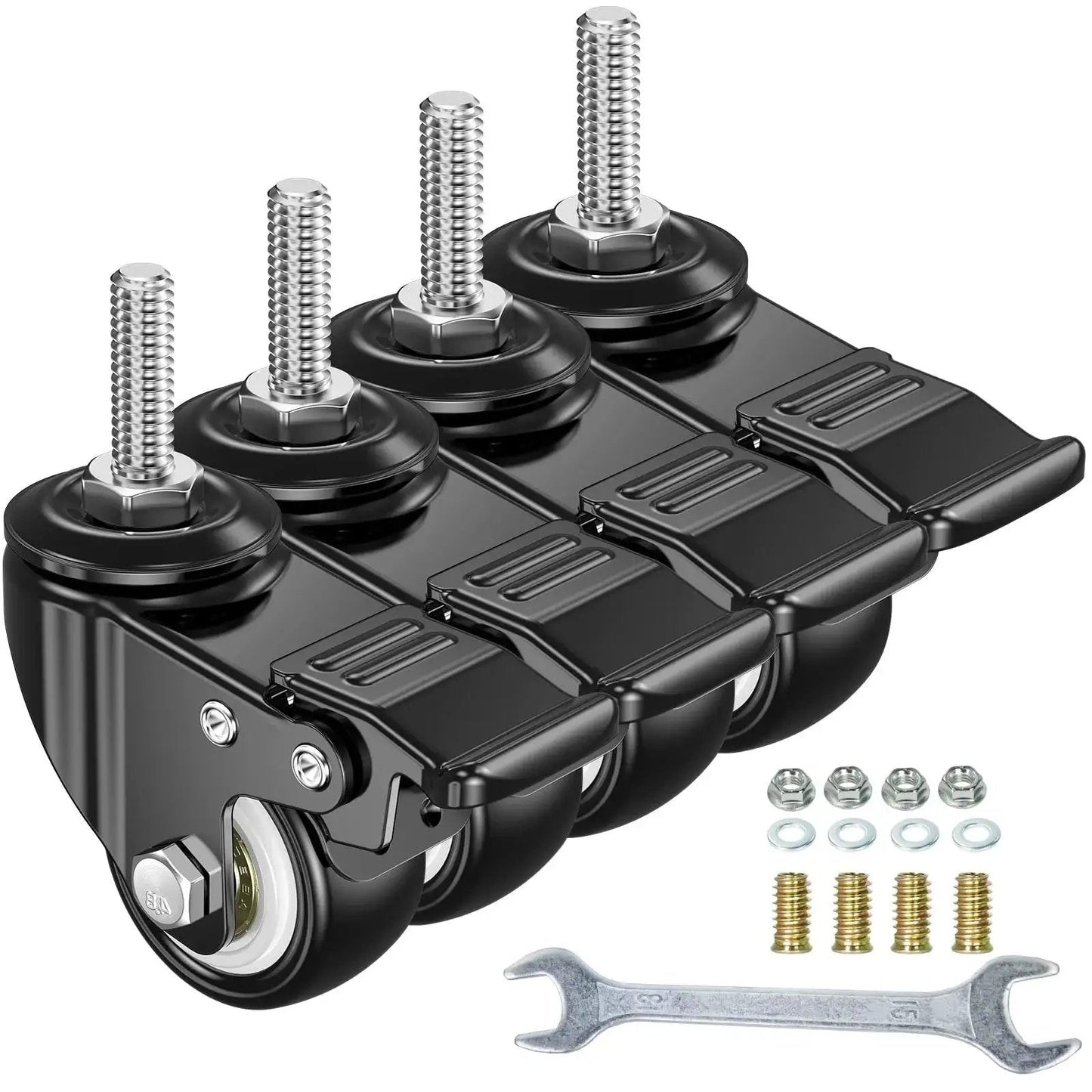 Pack of 4 2 Inch Caster Wheels With M8x25mm Threaded Stem, 360 Degree Swivel, Double Brakes, wrench included.