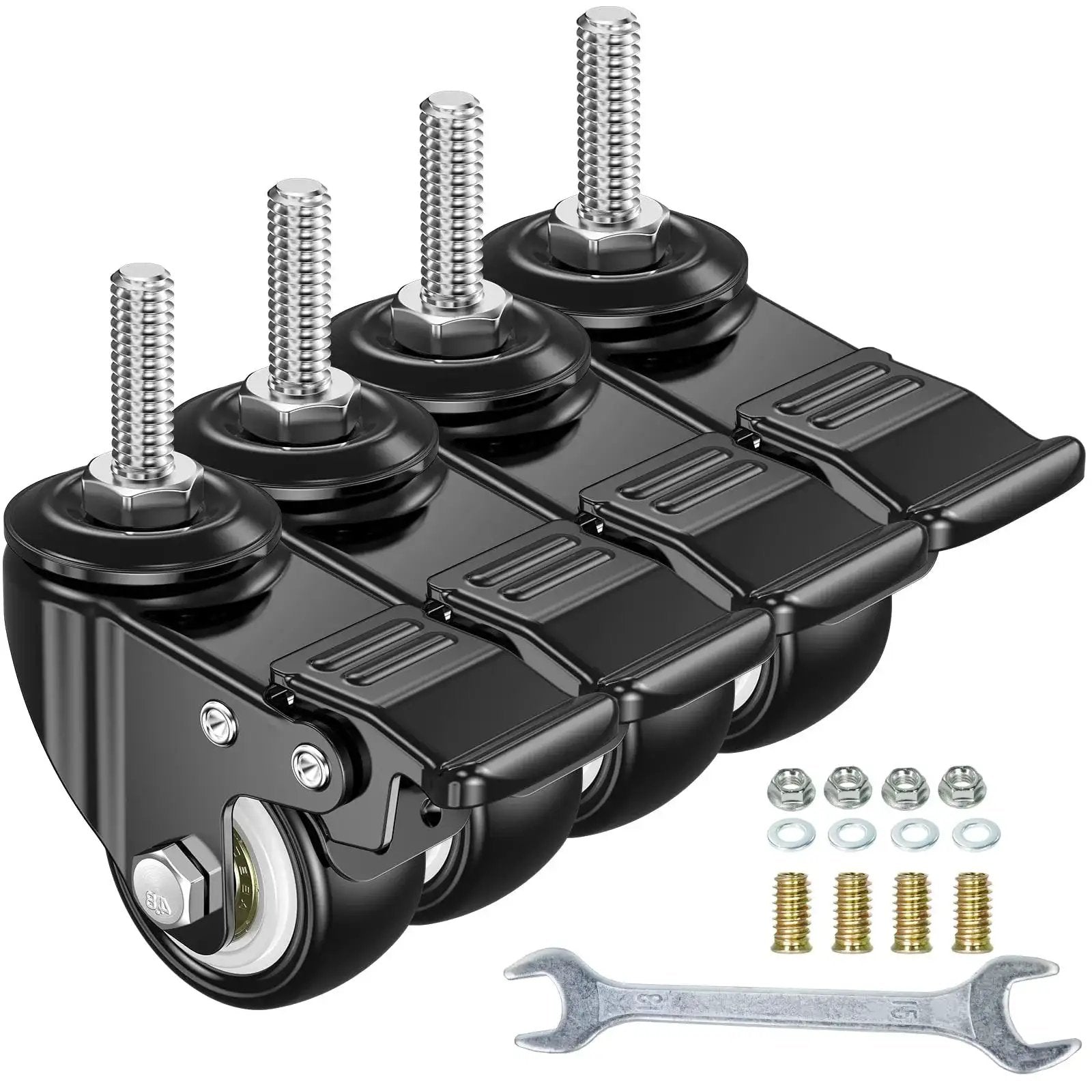 Pack of 4 2 Inch Caster Wheels With M8x25mm Threaded Stem, 360 Degree Swivel, Double Brakes, wrench included.