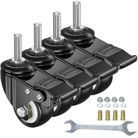 Pack of 4 2 Inch Caster Wheels With M8x25mm Threaded Stem, 360 Degree Swivel, Double Brakes, wrench included.