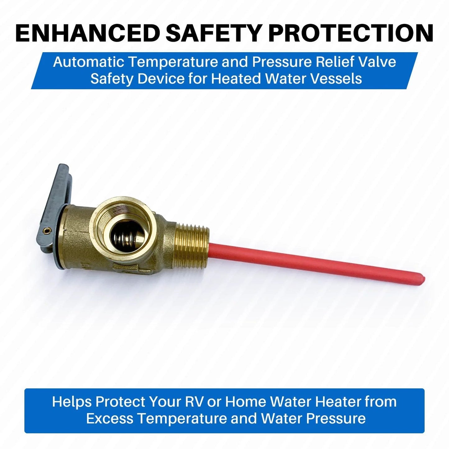 Side view of Beefed-Up Three Quarter Inch NPT Temperature And Pressure Relief Valve For RV Water Heaters And Tanks With Extended Probe 210 Fahrenheit 150 PSI Brass Safety Valve For Suburban Hot Water Systems