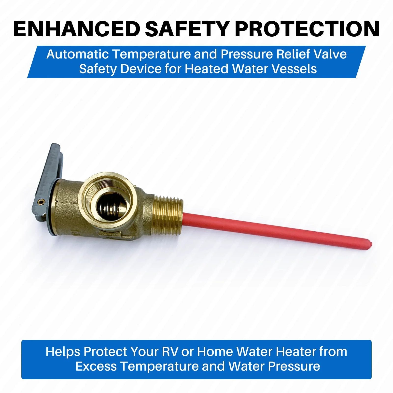 Side view of Beefed-Up Three Quarter Inch NPT Temperature And Pressure Relief Valve For RV Water Heaters And Tanks With Extended Probe 210 Fahrenheit 150 PSI Brass Safety Valve For Suburban Hot Water Systems