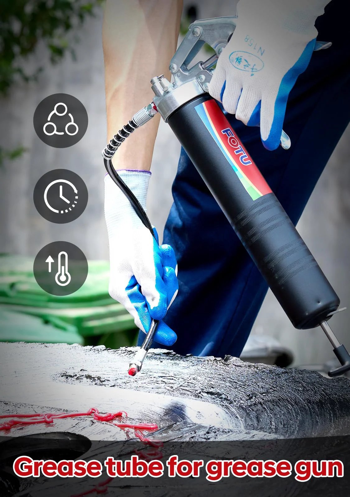 Person using grease gun with Ultra Heavy Duty Red Wheel Bearing Grease Two Lithium Complex, Multi Purpose Lubricant Built For Tough Conditions, Two 14oz Tubes, Ideal For Automotive Marine Buses Trucks And Tractors, High Temperature Waterproof Formula