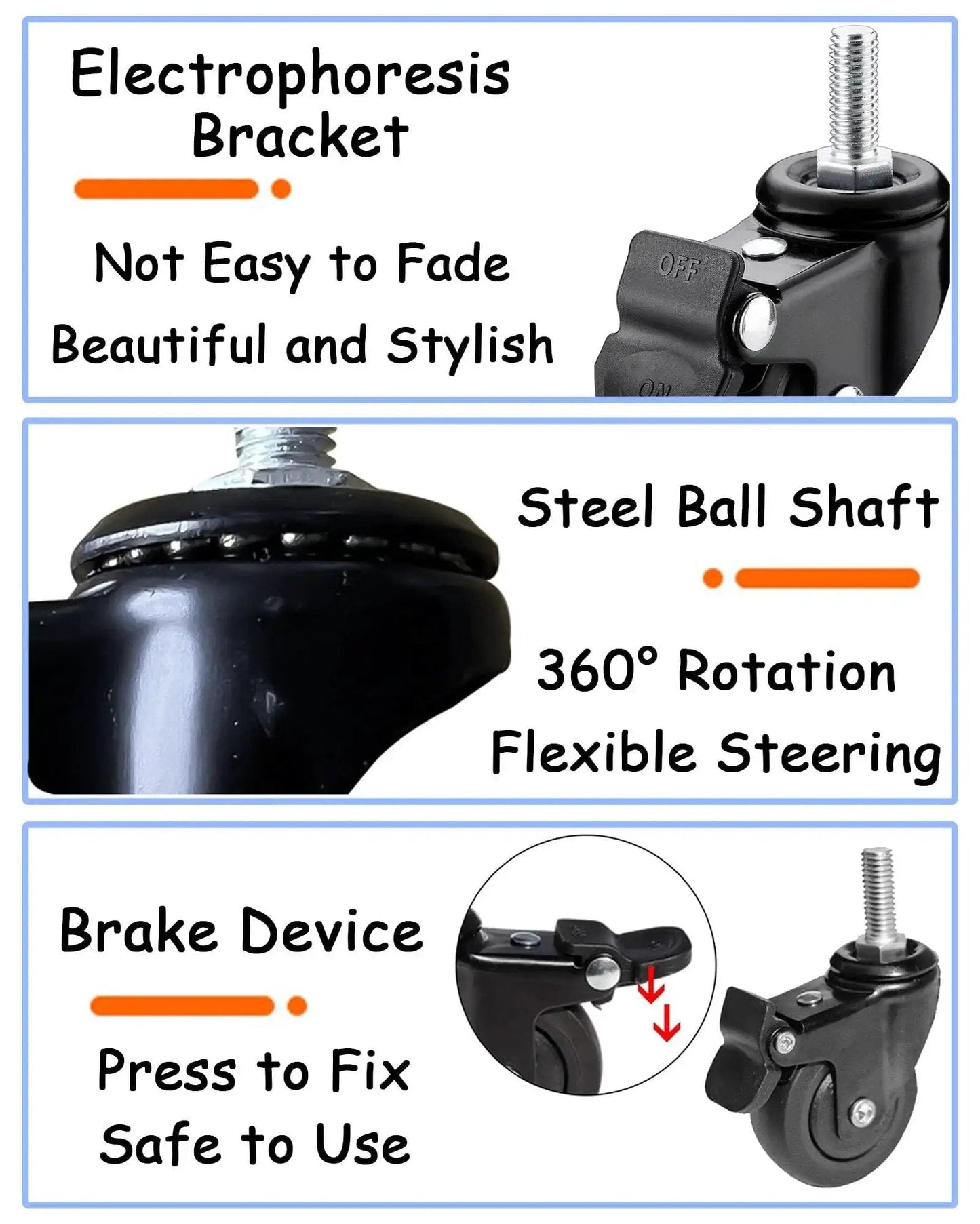 Close-up of 1 Inch Mini Swivel Caster Wheels Set With M6x15mm Threaded Stem Silent TPE Rubber Brake Rollers, highlighting features.