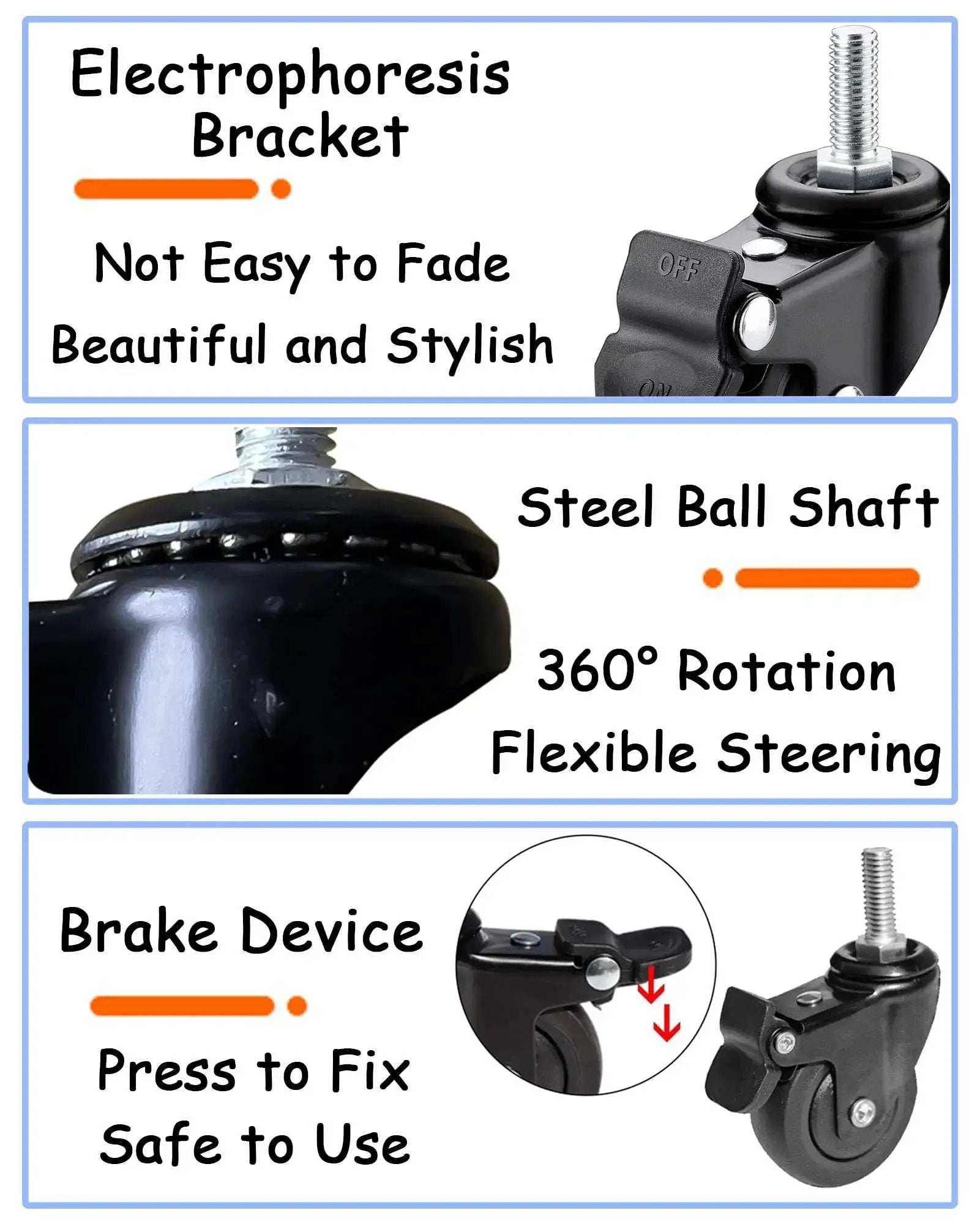 Close-up of 1 Inch Mini Swivel Caster Wheels Set With M6x15mm Threaded Stem Silent TPE Rubber Brake Rollers, highlighting features.