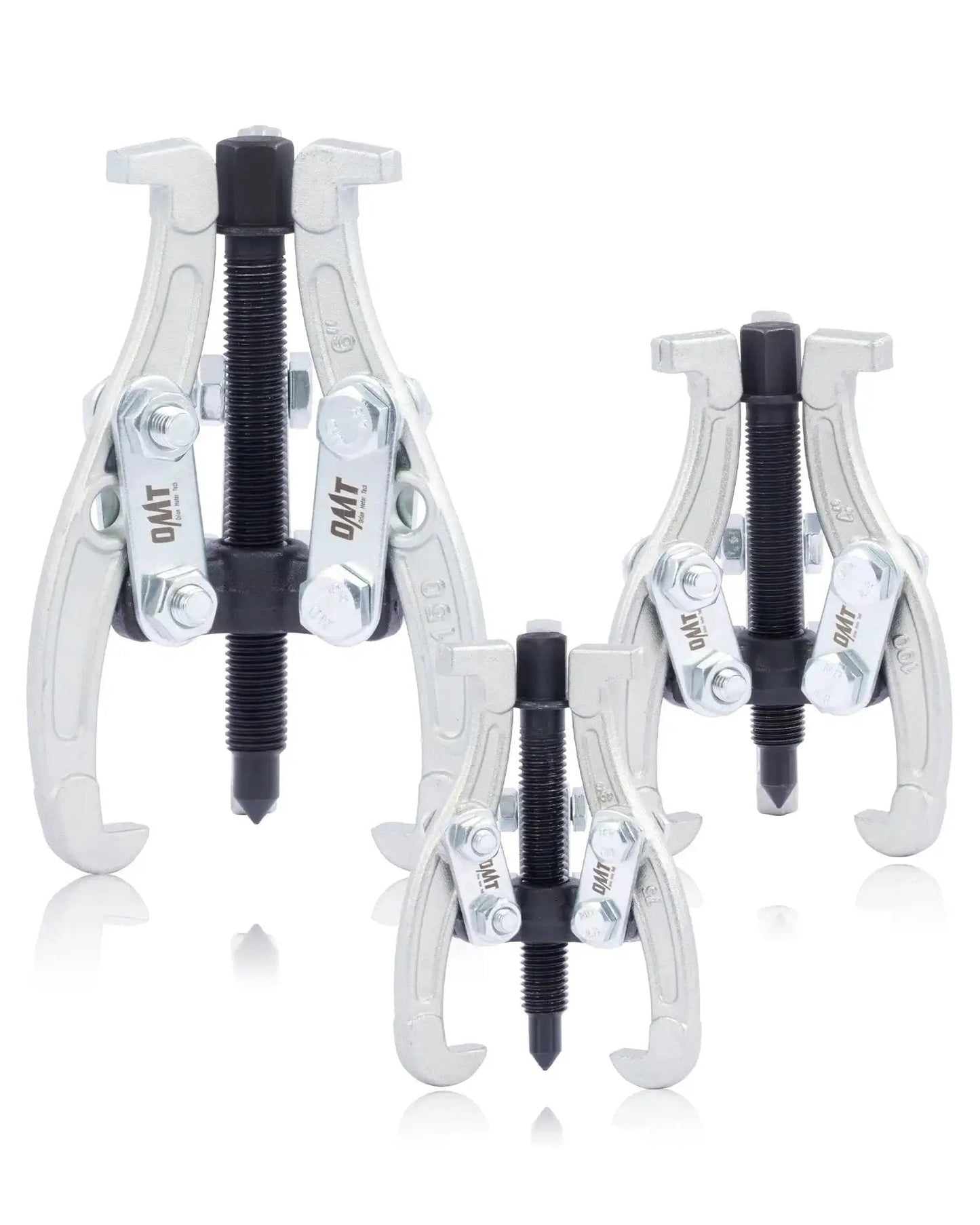 Three Jaw Gear And Bearing Puller Set With 3 Inch 4 Inch 6 Inch Sizes, showcasing heavy duty reversible jaws for gear and bearing removal.