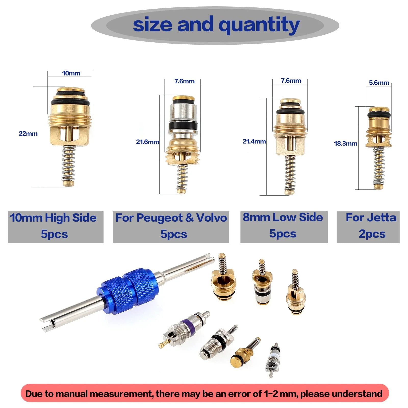 Variety of valve cores with dimensions and a blue double-head remover from Pro Grade 40 Pc Car Air Conditioning Valve Core Kit.
