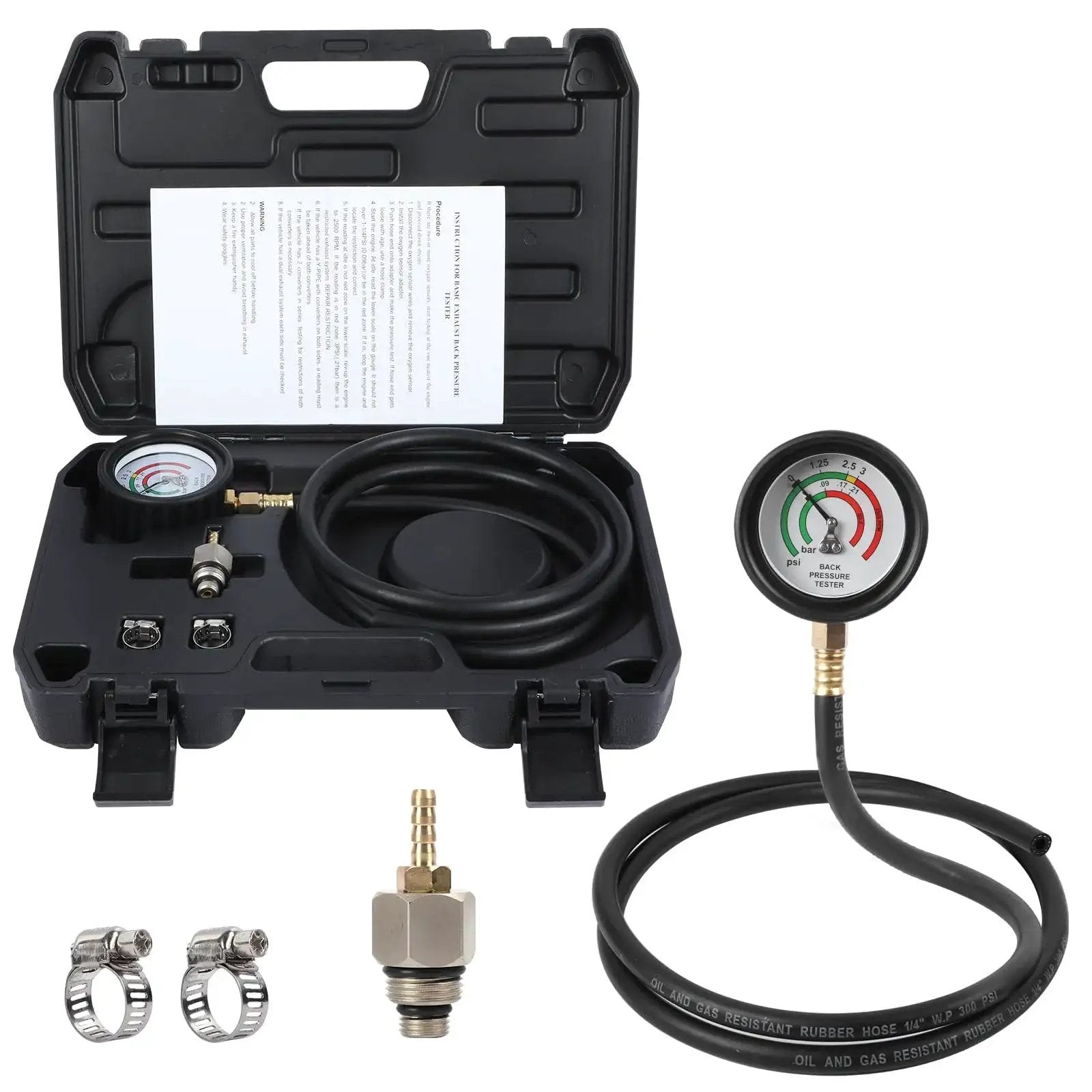 Back Pressure Exhaust Tester Kit With Carrying Case And 6 Foot Hose, showing open case with gauge, hose, and fittings