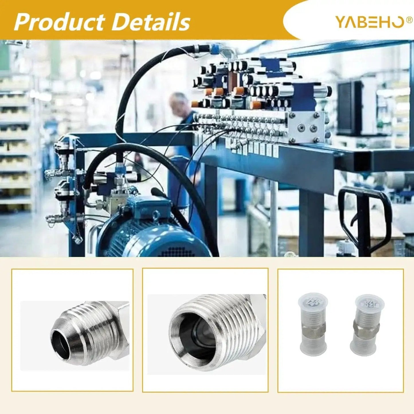 Hydraulic machinery setup with close-up of Two Pack Hydraulic Hose Fittings Three Eighths JIC 37 Degree Male To Three Eighths NPT Male Straight Tube Connectors with protective caps.