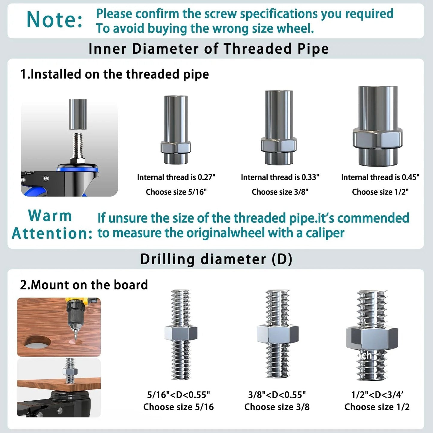 Diagram showing installation of 4 Inch Heavy Duty Stem Caster Wheels Set Of Four with Locking Swivel Casters on threaded pipe and board