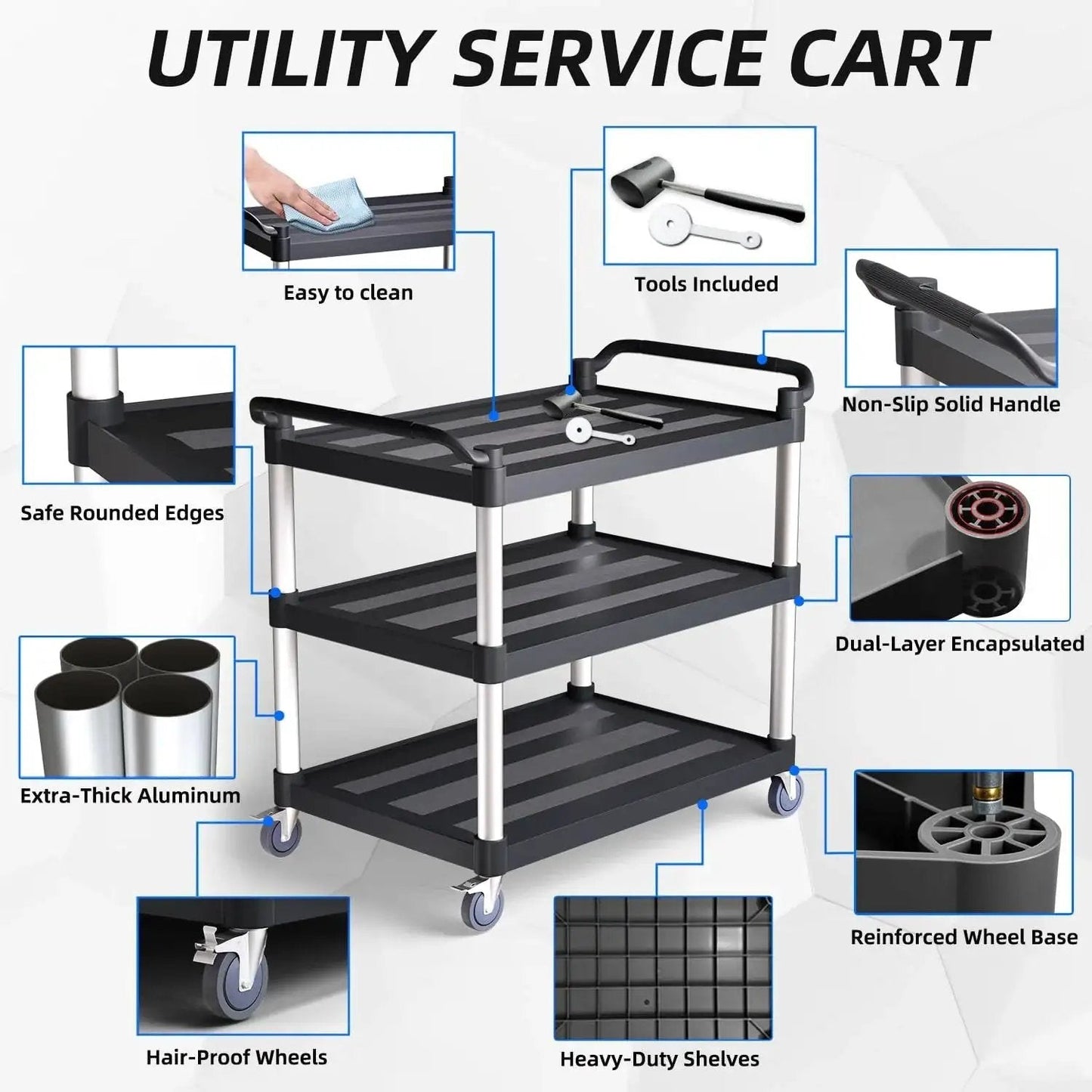 Three Tier Rolling Service Cart With Tangle Free Swivel Wheels And Two Brakes Heavy Duty 450 Lb Capacity Commercial Serving Cart