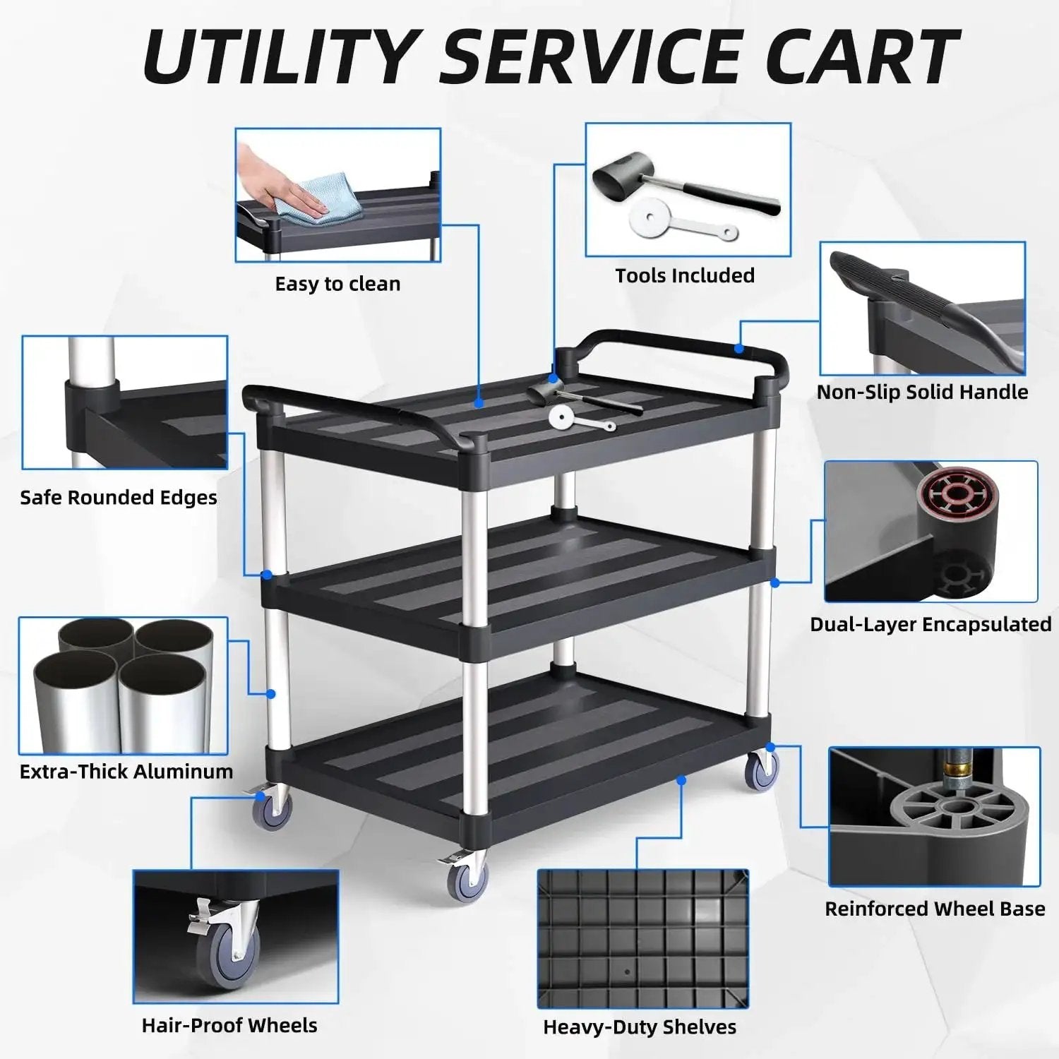 Three Tier Rolling Service Cart With Tangle Free Swivel Wheels And Two Brakes Heavy Duty 450 Lb Capacity Commercial Serving Cart