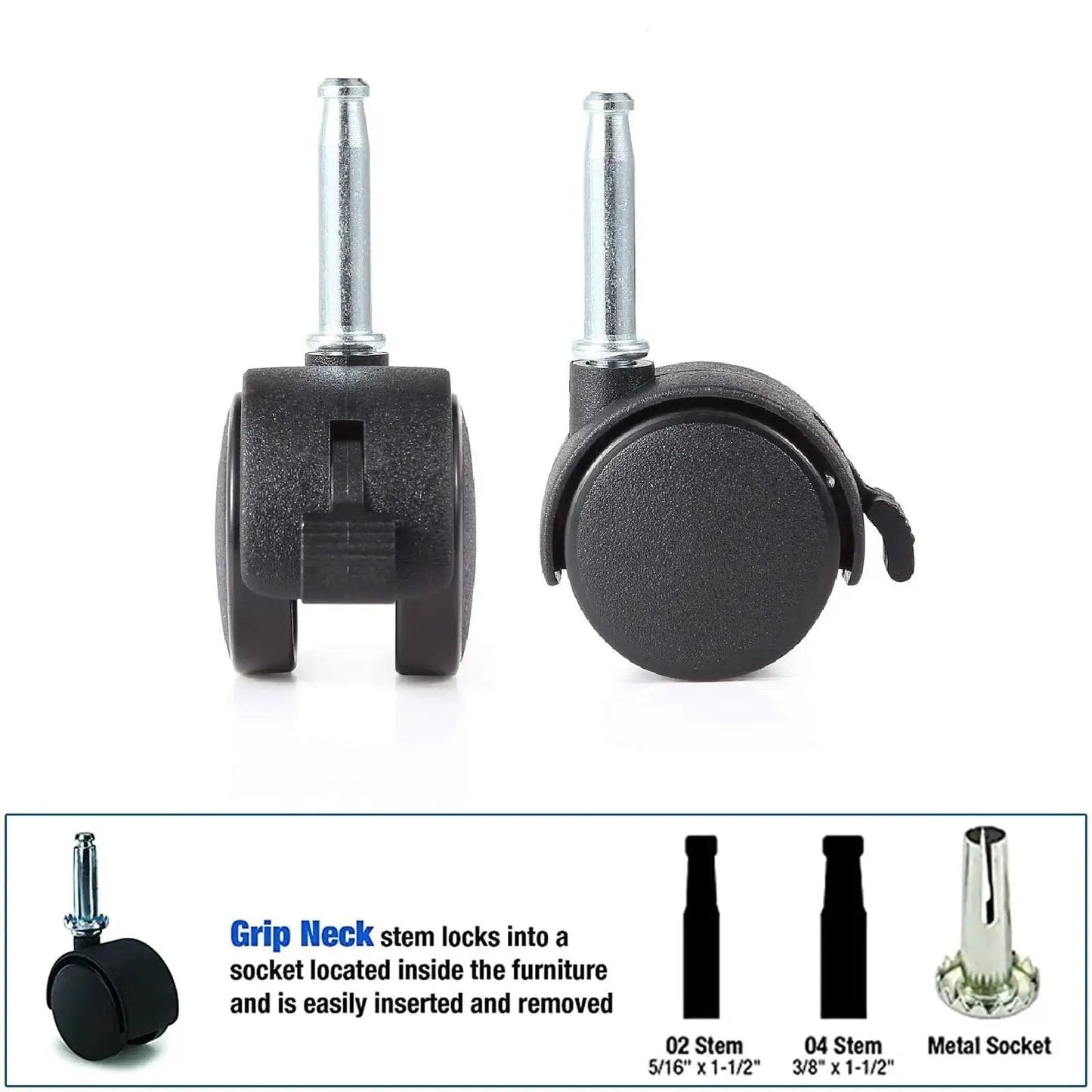 2 Pack Locking Swivel Caster Replacement Wheels For Weber Gas Grill Stem Casters 2.5 Inch Twin Wheel Rubber Caster Wheels With Friction Mount 5/16 X 1-1/2 Inch Pin Stem 55-Lb Load Capacity Per Caster Easy Install, showing front and side view of wheels with grip neck stem.