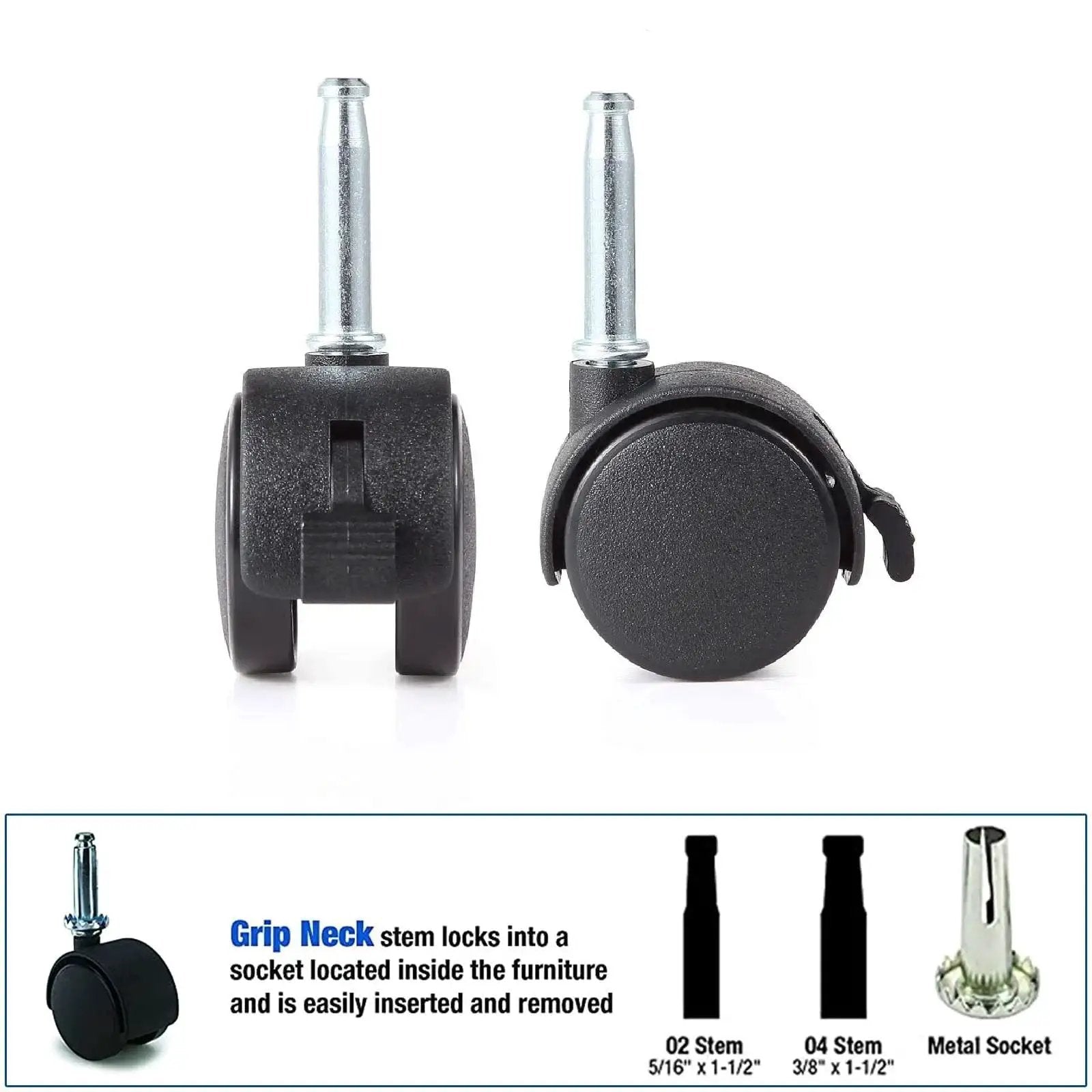 2 Pack Locking Swivel Caster Replacement Wheels For Weber Gas Grill Stem Casters 2.5 Inch Twin Wheel Rubber Caster Wheels With Friction Mount 5/16 X 1-1/2 Inch Pin Stem 55-Lb Load Capacity Per Caster Easy Install, showing front and side view of wheels with grip neck stem.