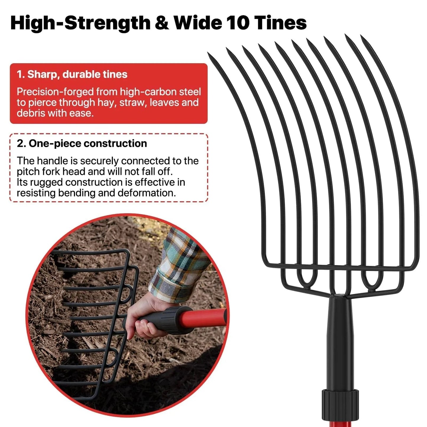 Wide 10 Tine Garden Pitch Fork With Carbon Steel Tines And Fiberglass Handle 44 Inch Red Heavy Duty Pitch Fork For Mulching Compost Manure Chicken Coops Gardens And Farm Cleanup showing sharp durable tines in soil.