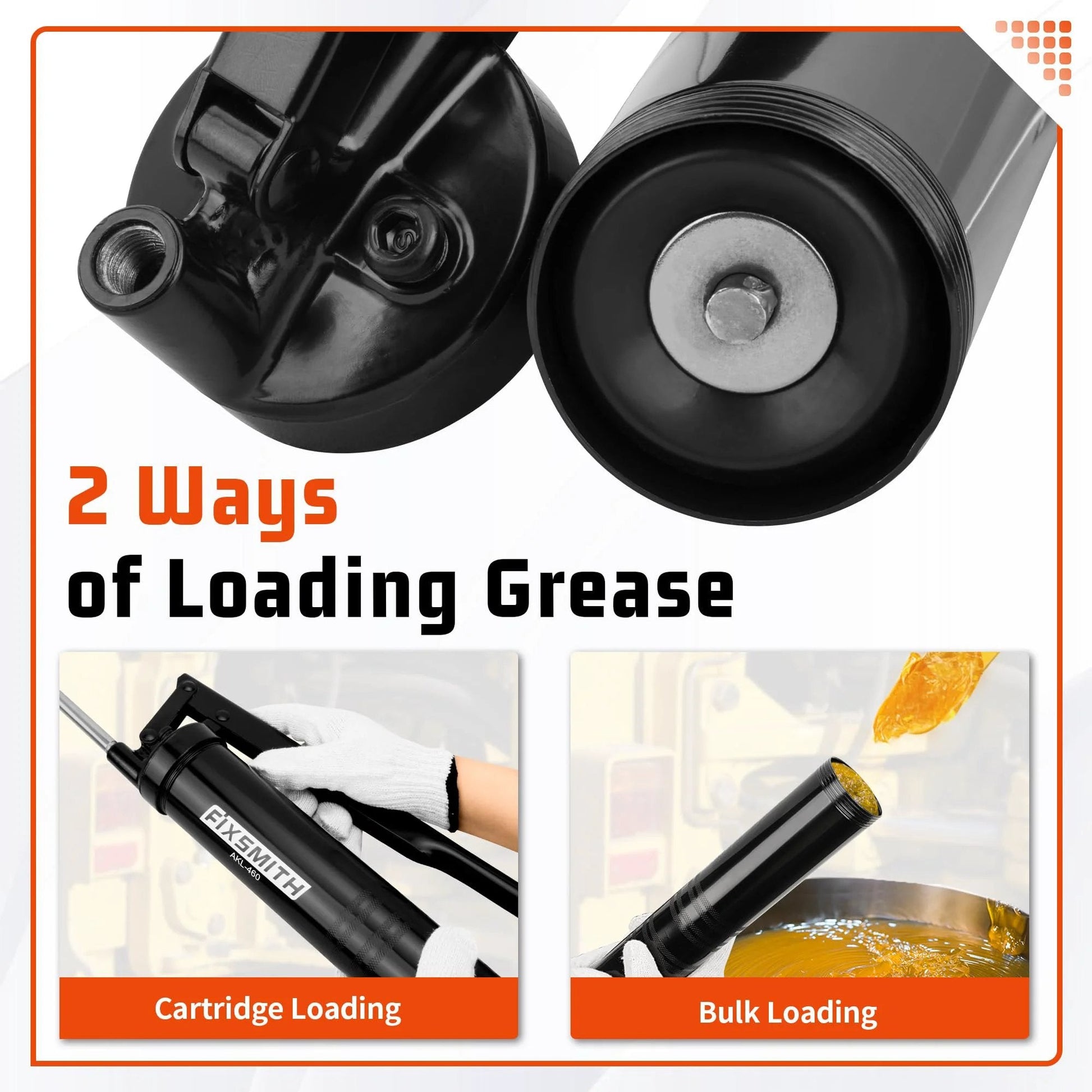 Pro Grade Lever Action Grease Gun For Pros, Heavy Duty Construction, 6000 PSI Working showcasing cartridge and bulk loading methods.