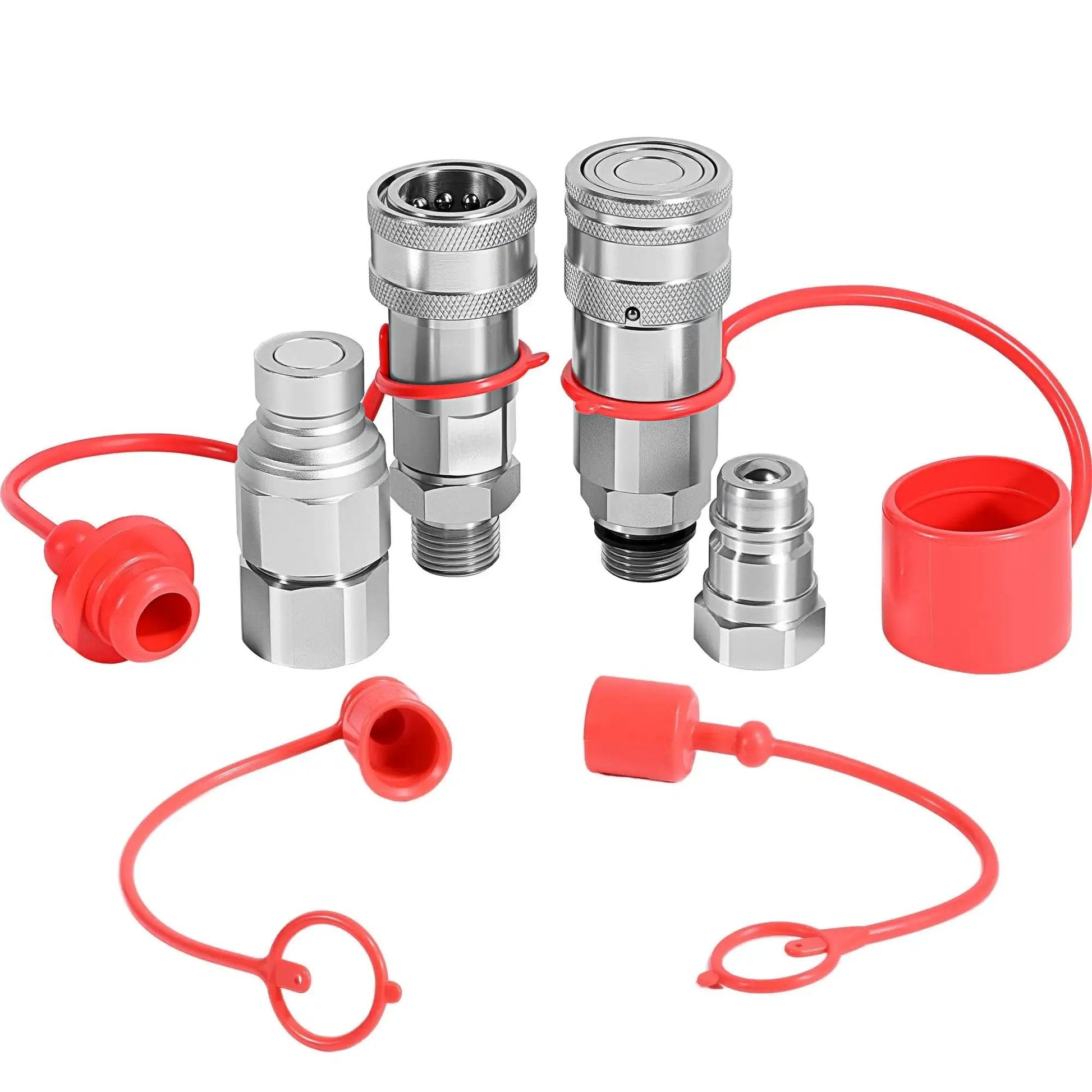Built Tough 1/2 Inch Flat Face Hydraulic Quick Connect Couplers ISO 16028 To AG ISO 5675 with red dust caps and adapters.