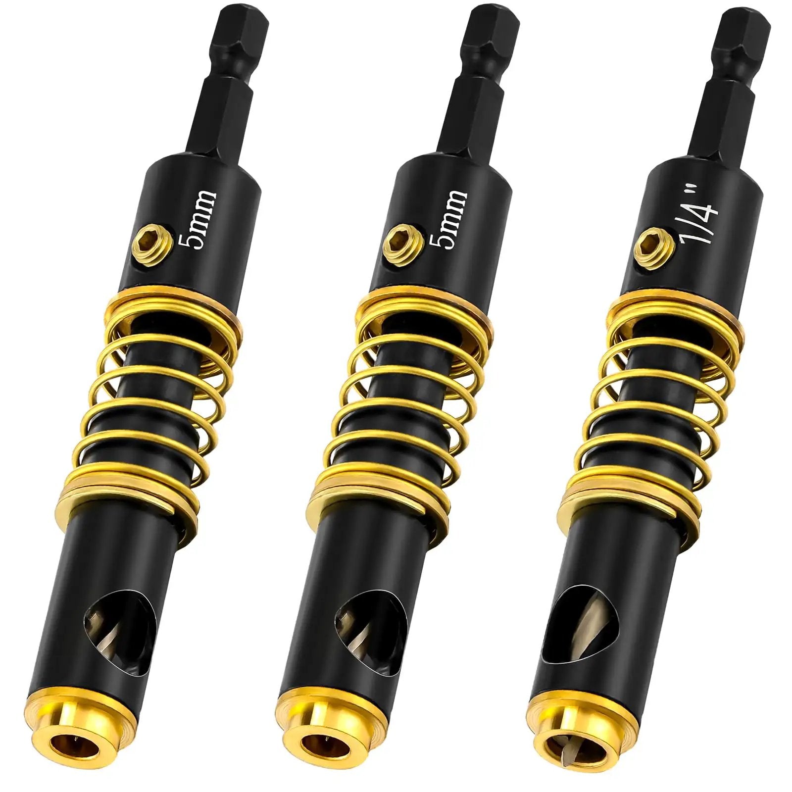 Self Centering Hinge Drill Bit Set 3 Pc with 5mm and one quarter inch hex shank bits for wood and plastic, ideal for precise hinge holes.