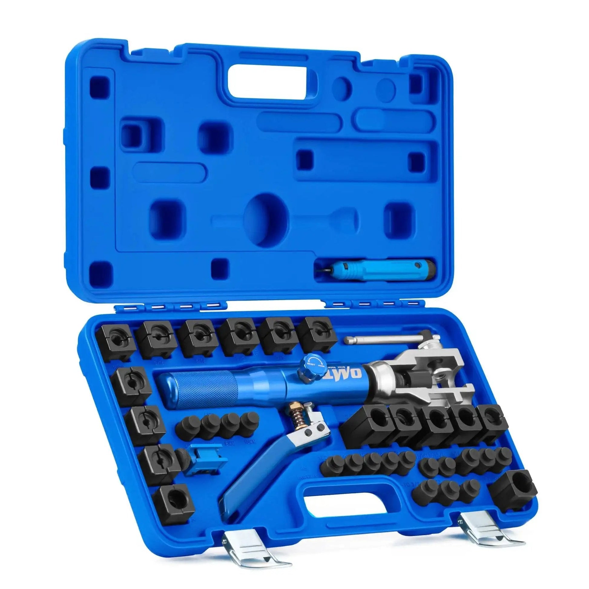 Universal Hydraulic Flaring Tool Kit With Tubing Cutter And 45 Degree ISO Flare in blue case, open view.