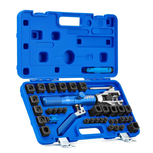 Universal Hydraulic Flaring Tool Kit With Tubing Cutter And 45 Degree ISO Flare in blue case, open view.