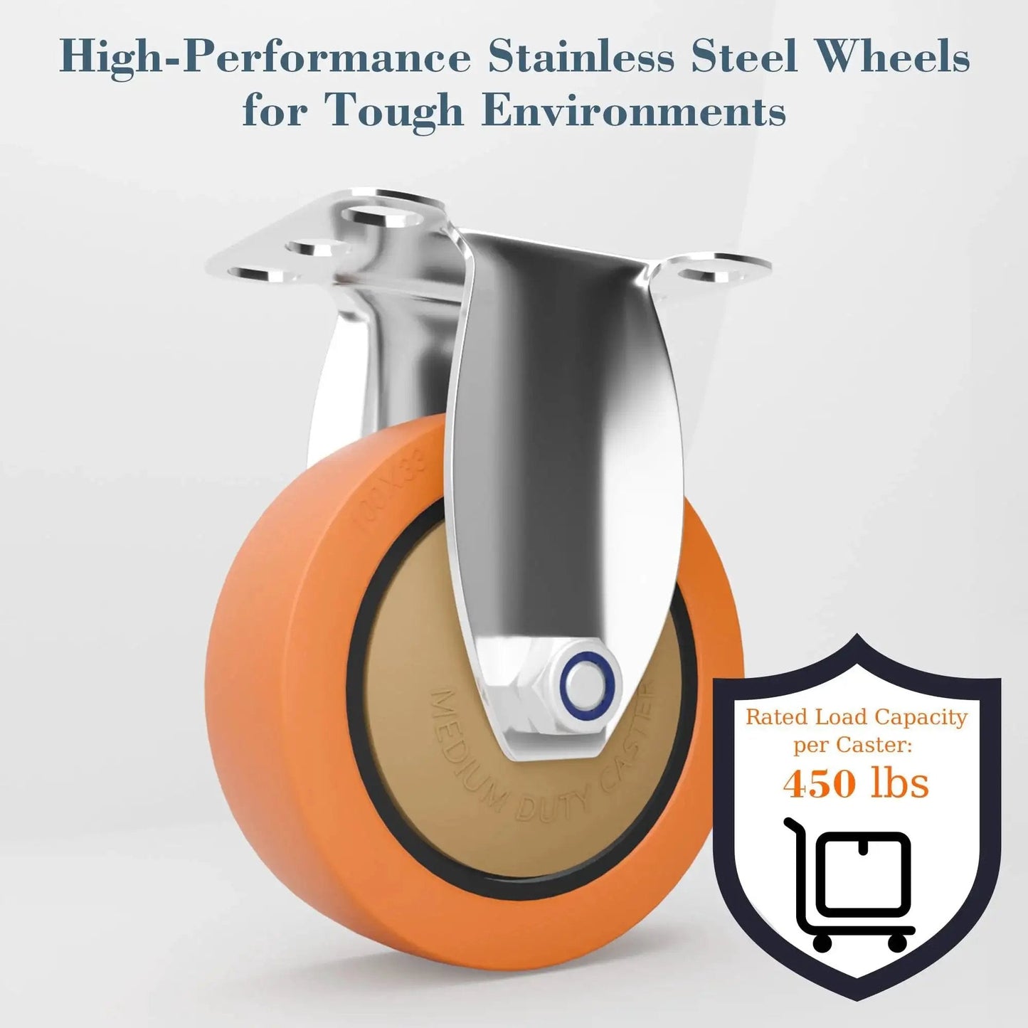 Rigid 4 Inch Stainless Steel Caster Wheel Set Of 2 For Industrial Use With Fixed Non Brake Design, Rust Resistant 304 Stainless Steel Frame