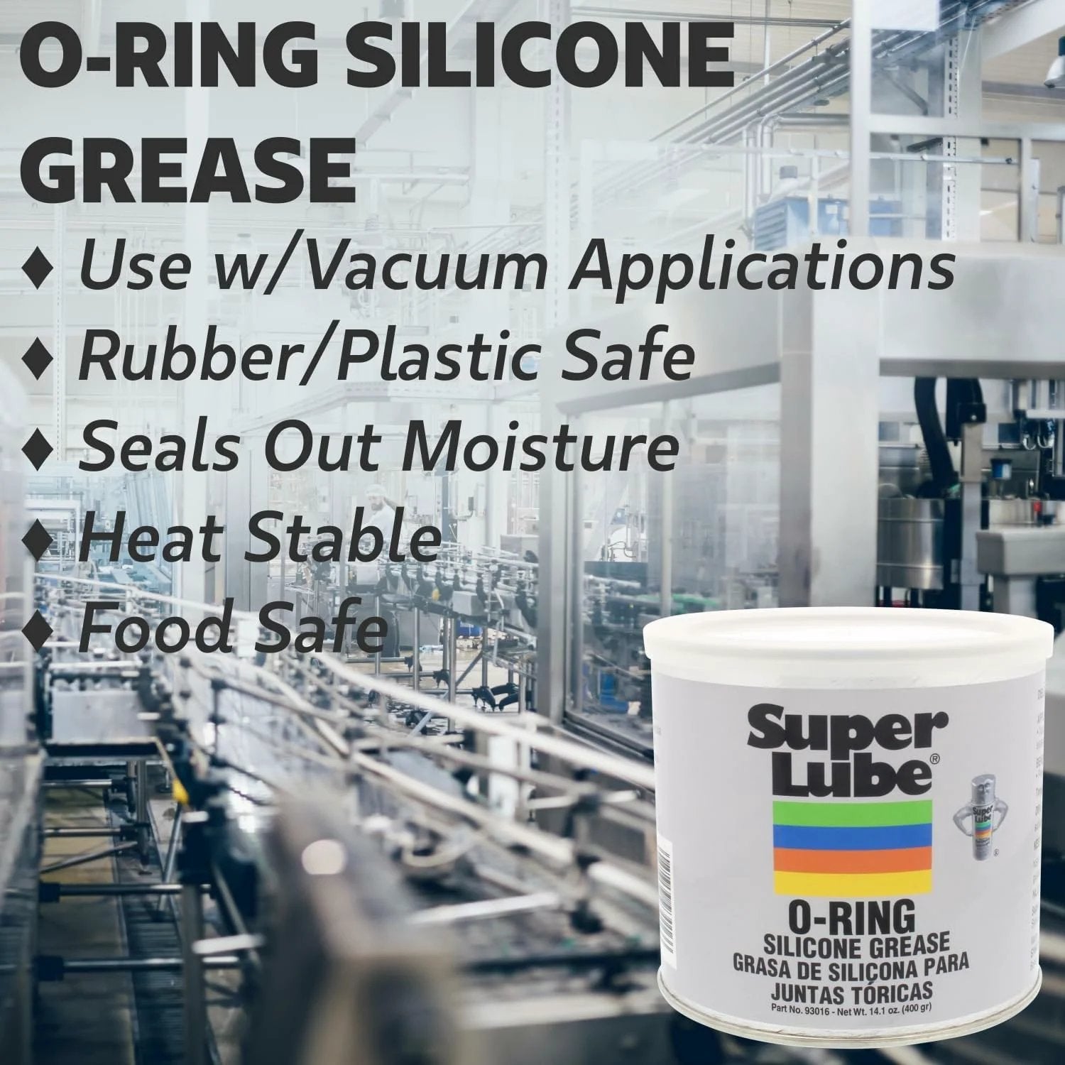 O Ring Silicone Grease For O Rings Vacuum Systems And Valve Components Non Curing Silicone Compound Heat Stable And Moisture Resistant Translucent White Canister 14.1 Oz By Super Lube with industrial background