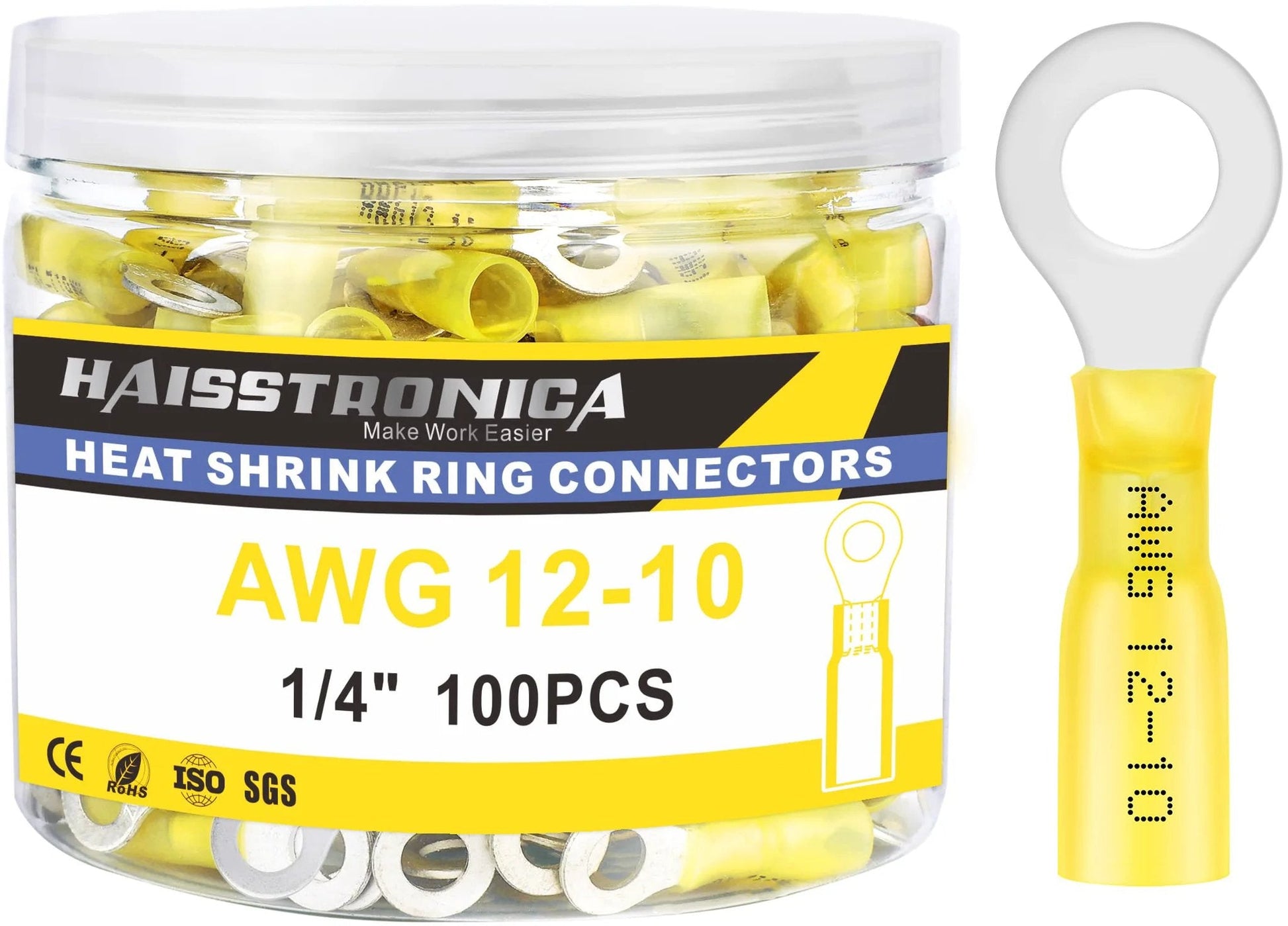 Heat Shrink Ring Terminals For Auto And Marine Projects Marine Grade Wire Connectors Heavy Duty One Quarter Inch Ring Connectors AWG Twelve To Ten Yellow Insulated Copper Tinned Red Copper Brazed Seam container