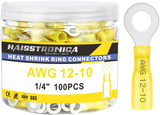 Heat Shrink Ring Terminals For Auto And Marine Projects Marine Grade Wire Connectors Heavy Duty One Quarter Inch Ring Connectors AWG Twelve To Ten Yellow Insulated Copper Tinned Red Copper Brazed Seam container