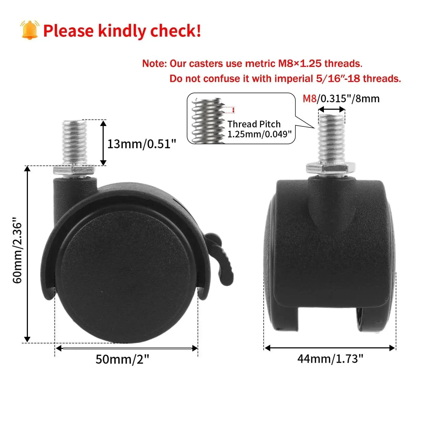 2 Inch Nylon Swivel Caster Wheel With Brake For Carts Office Chairs And Furniture Featuring M8 By One Point Two Five Threaded Stem