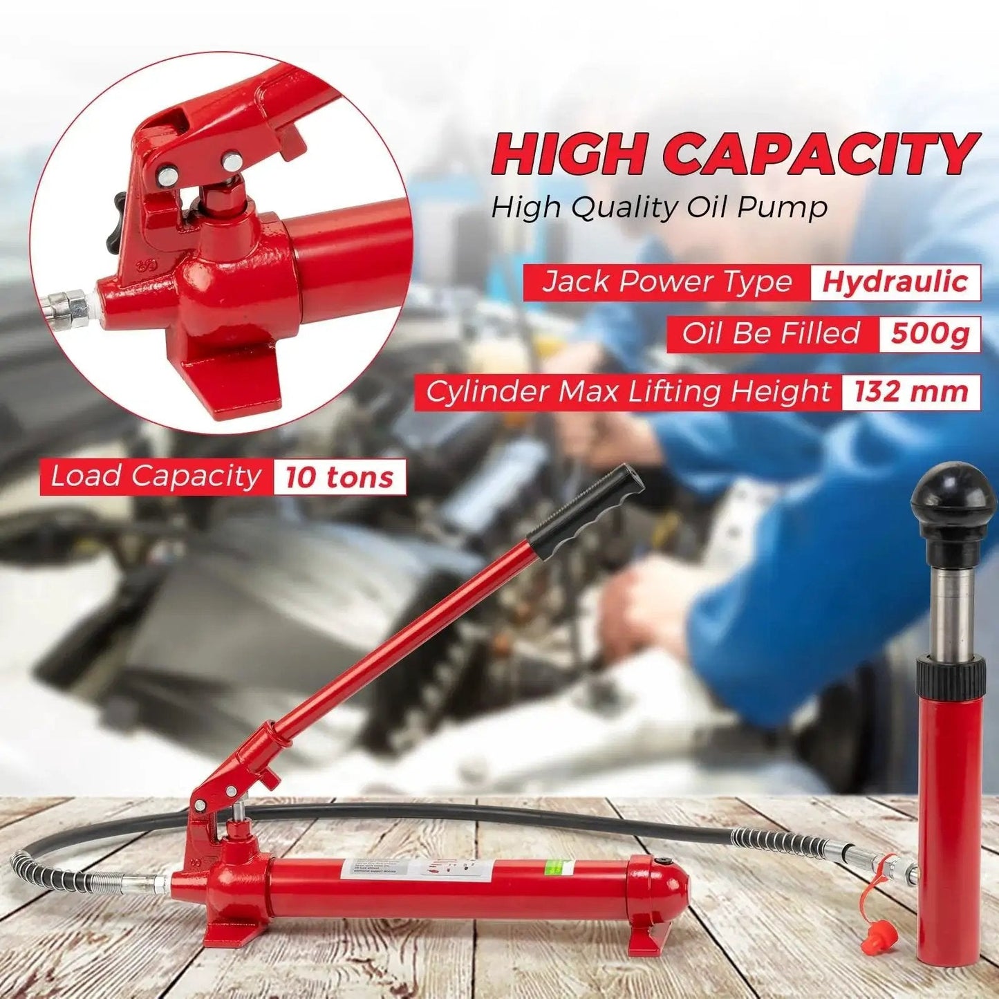Close-up of 12 Ton Hydraulic Jack Kit with 55 Inch Hose for Heavy Duty Vehicle Frame Repair in red color