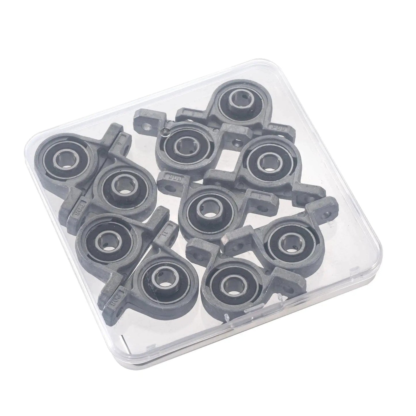 Ten Pack Pillow Block Bearings With 8 Mm Bore Ball Mounted Inserts In Zinc Alloy Beefy Heavy Duty Industrial Grade 55 X 28 X 13 Mm Size 8 Mm Inner Diameter 21 Mm Outer Diameter 5 Mm Mounting Holes 44 Mm Center Distance Silver