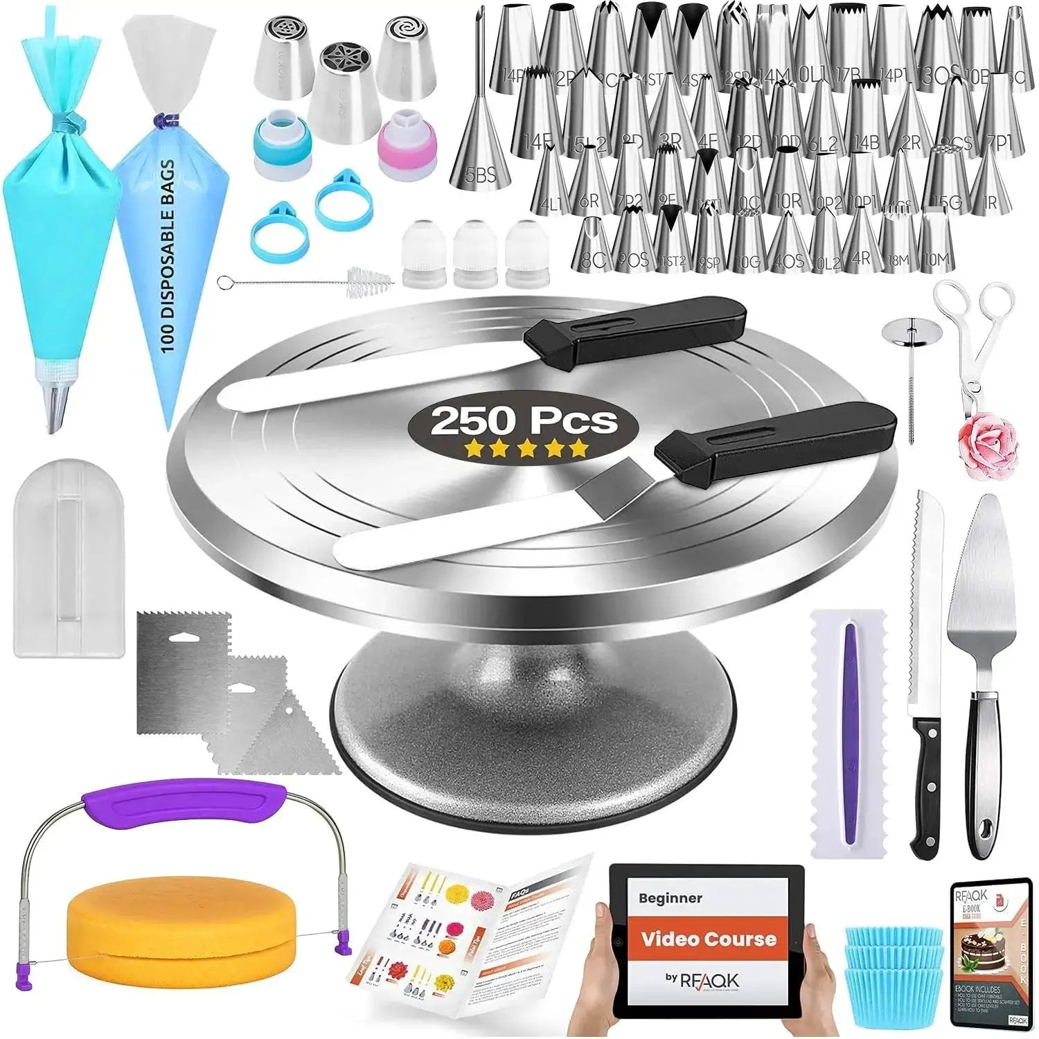 All In One Aluminum Cake Decorating Kit With 12 Inch Rotating Turntable 250 Piece Baking Tools Set Including 48 Icing Tips