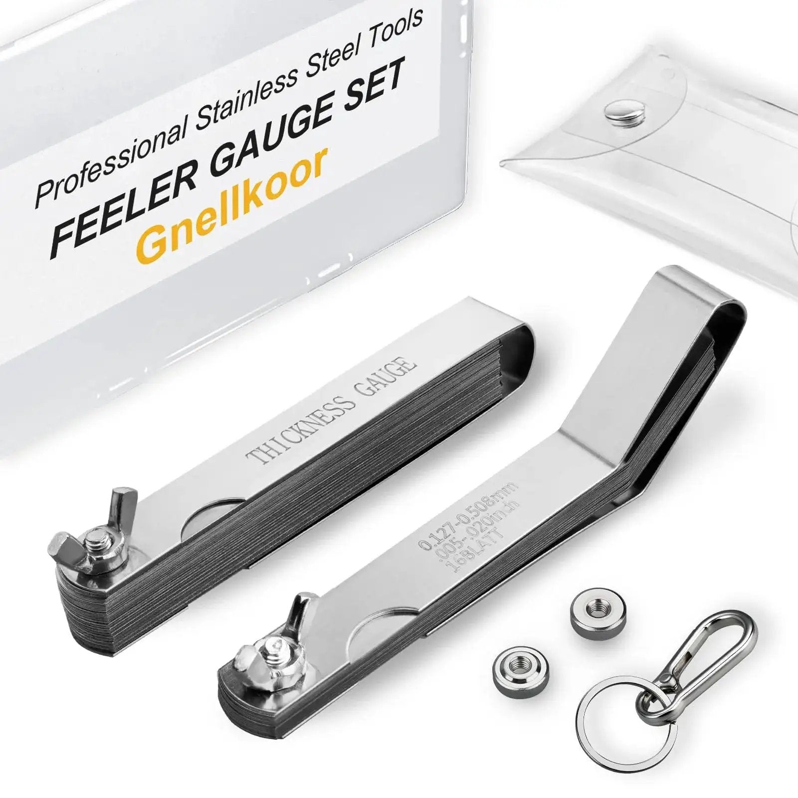 Premium Stainless Steel Feeler Gauge Set For Valves With Straight And Angled Blades For Automotive Work Two Piece Kit With Inch And Metric Measurements 48 Blades Total 32 Straight And 16 Angled Blades Gauge Tool For Gap Checking And Valve Clearance displayed with packaging and accessories.
